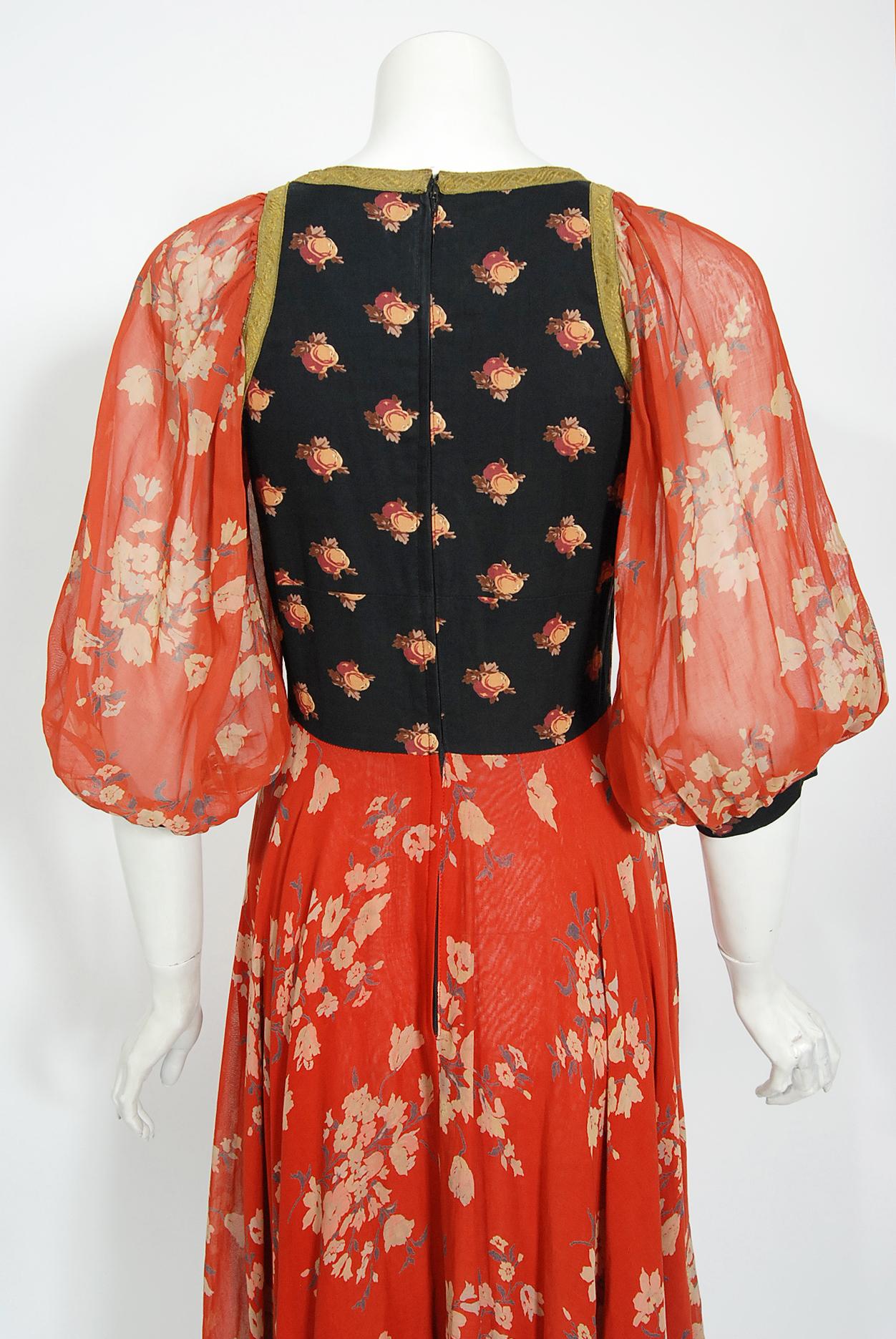 Vintage 1971 Thea Porter Documented Black & Red Floral Print Cotton Gypsy Dress  10