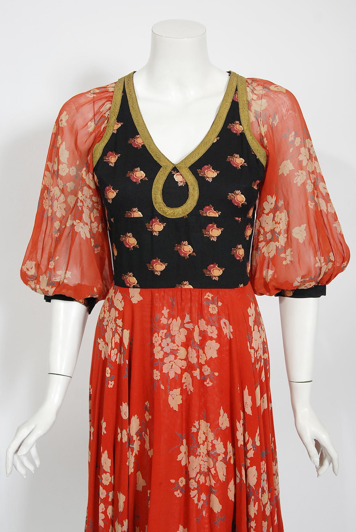 Women's Vintage 1971 Thea Porter Documented Black & Red Floral Print Cotton Gypsy Dress 