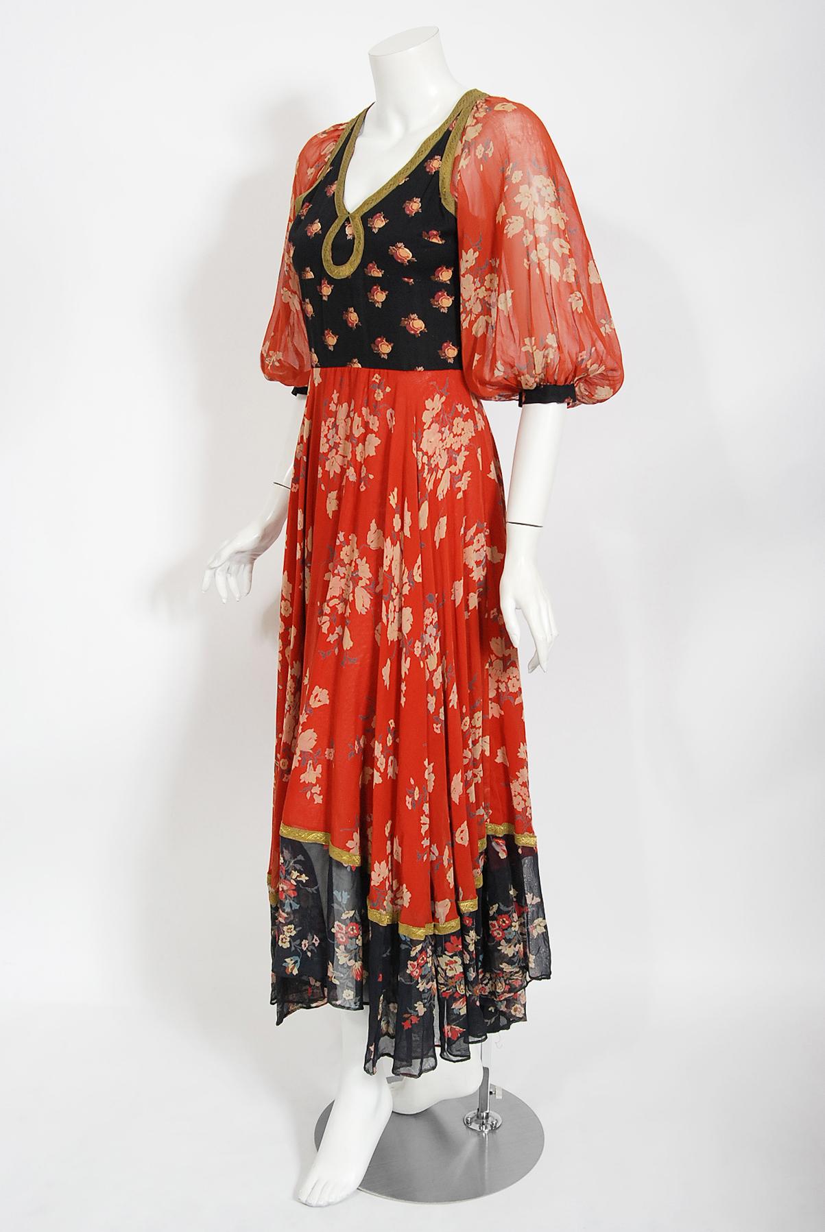 Vintage 1971 Thea Porter Documented Black & Red Floral Print Cotton Gypsy Dress  1