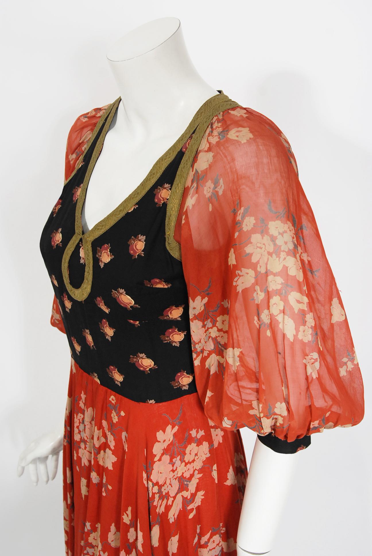 Vintage 1971 Thea Porter Documented Black & Red Floral Print Cotton Gypsy Dress  2