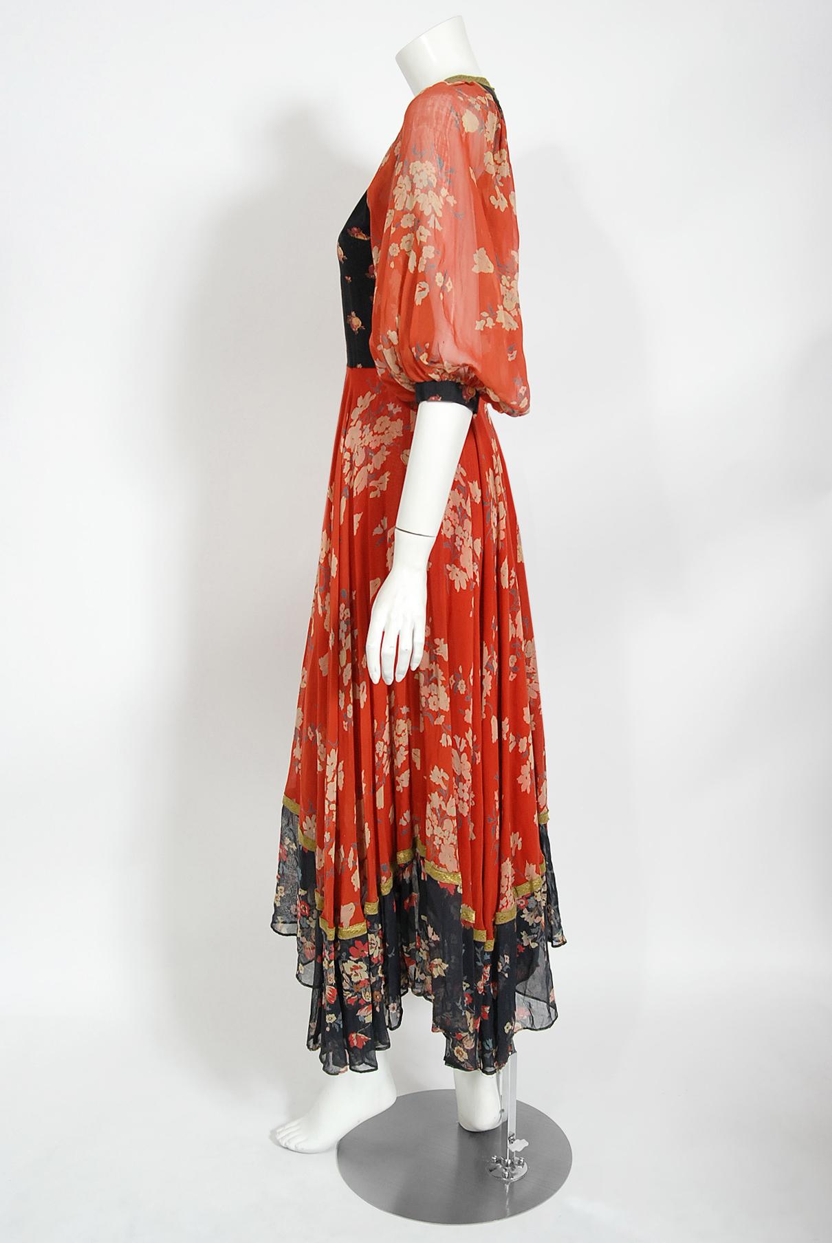 Vintage 1971 Thea Porter Documented Black & Red Floral Print Cotton Gypsy Dress  5