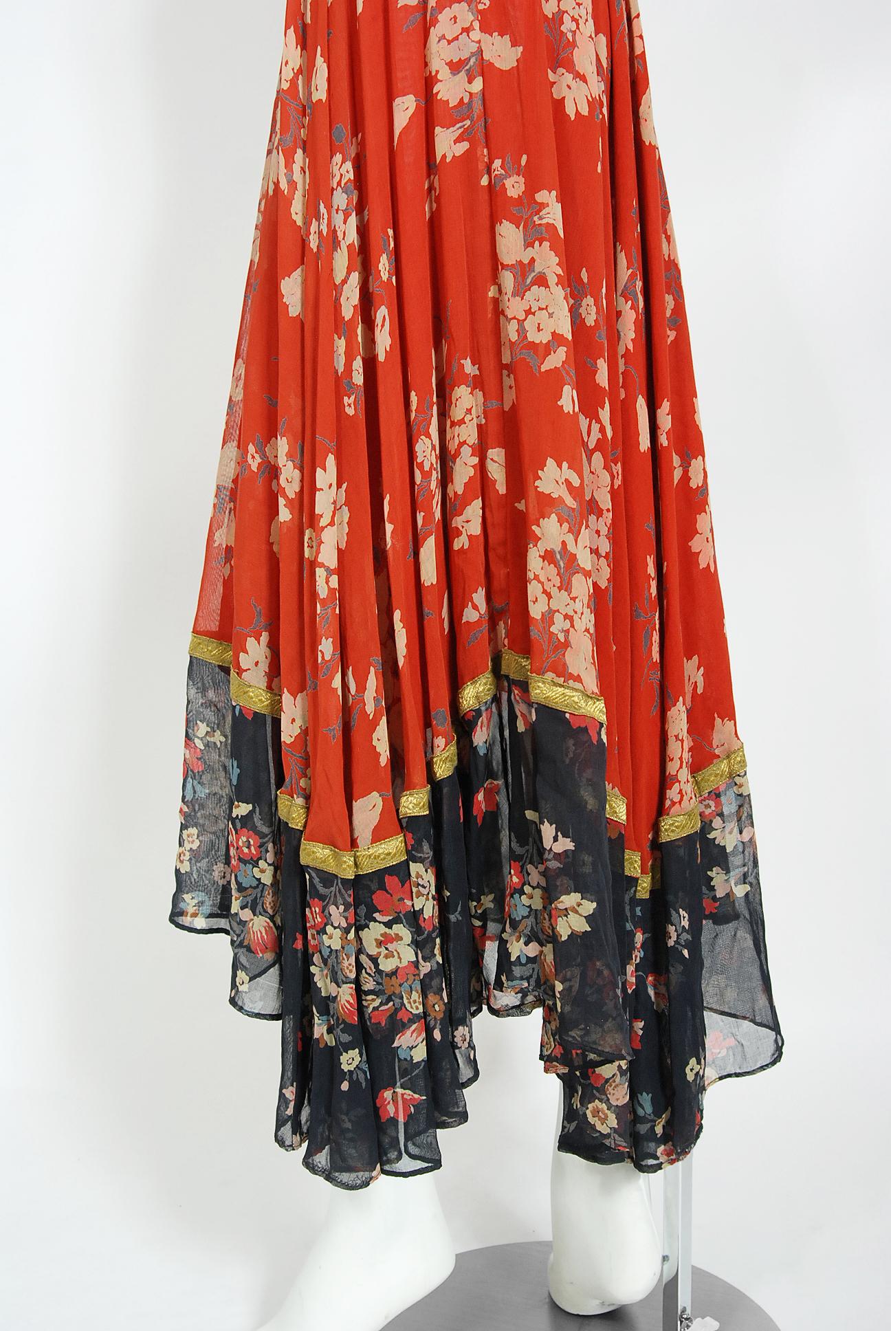 Vintage 1971 Thea Porter Documented Black & Red Floral Print Cotton Gypsy Dress  6