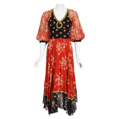 Vintage 1971 Thea Porter Documented Black & Red Floral Print Cotton Gypsy Dress