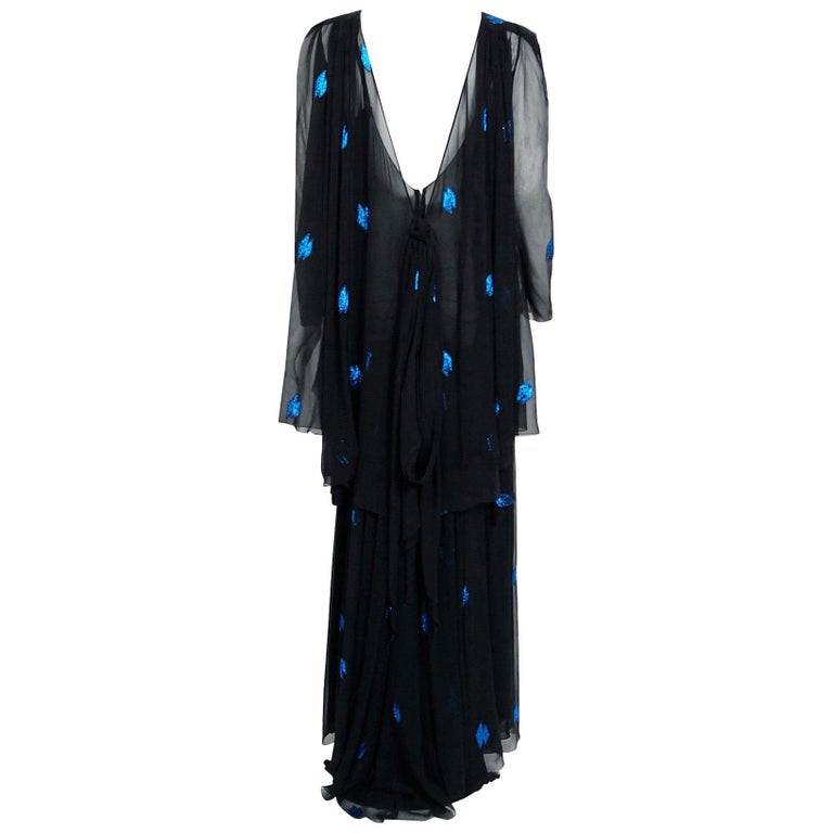 Vintage 1972 Christian Dior Metallic Black & Blue Silk Backless Draped Gown