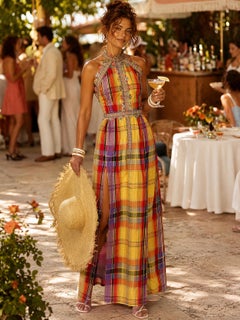 Vintage 1972 Donald Brooks Halter Dress Coral Yellow Size 8