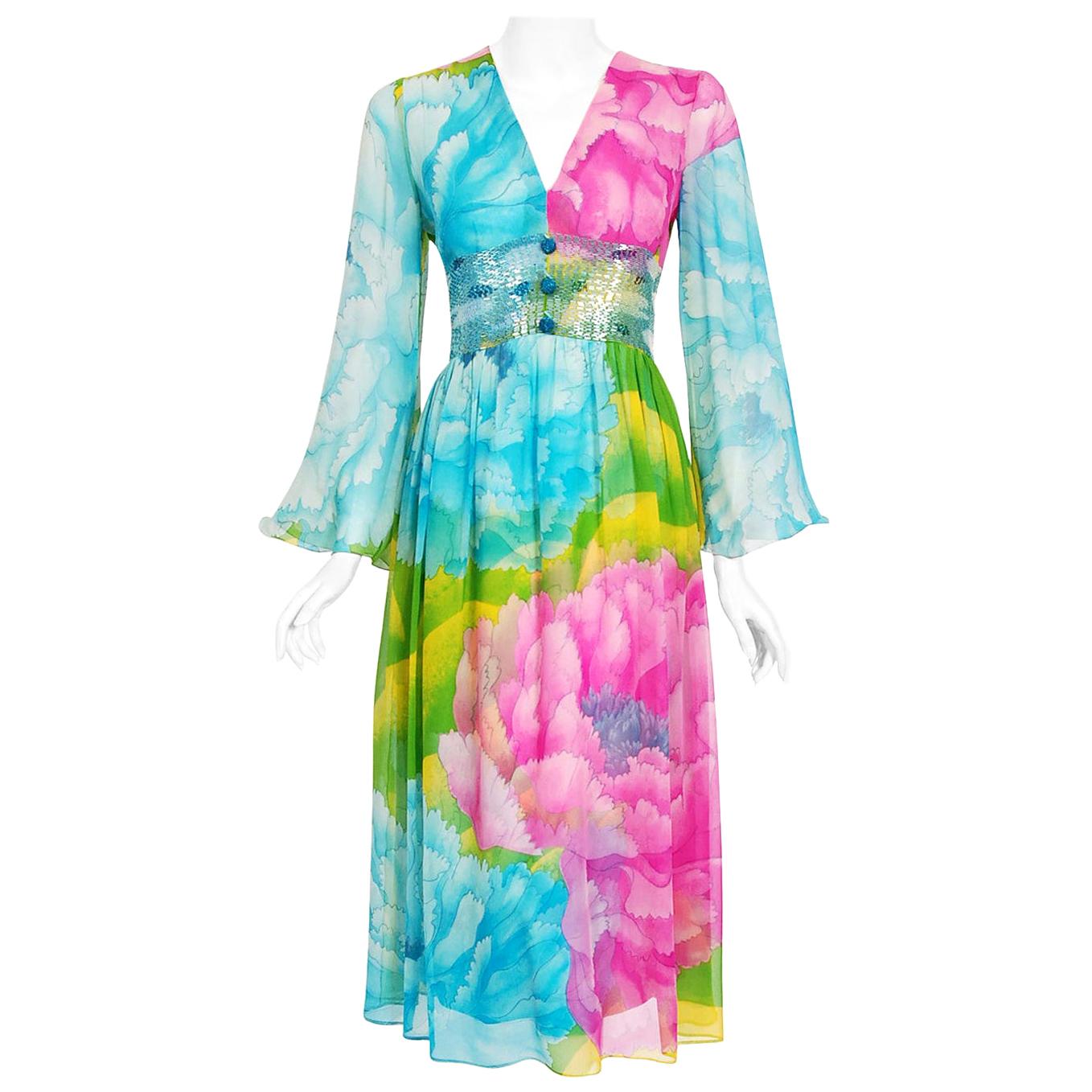 1970s NWT Hanae Mori Silk Chiffon Floral Gown