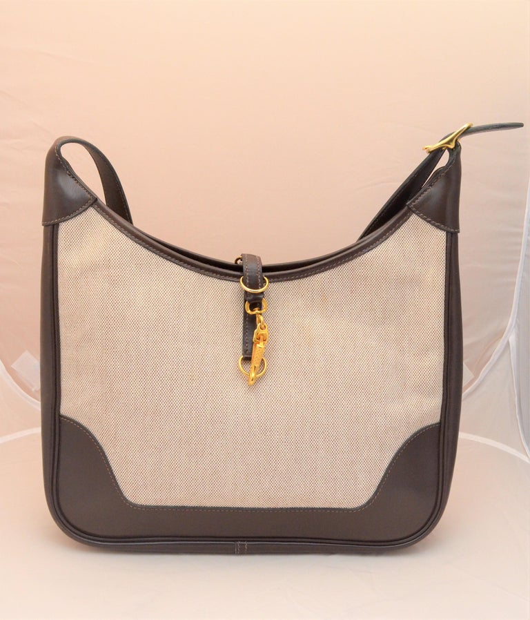 Vintage 1972 Hermes Canvas Trim Bag with Extended Shoulder Strap at