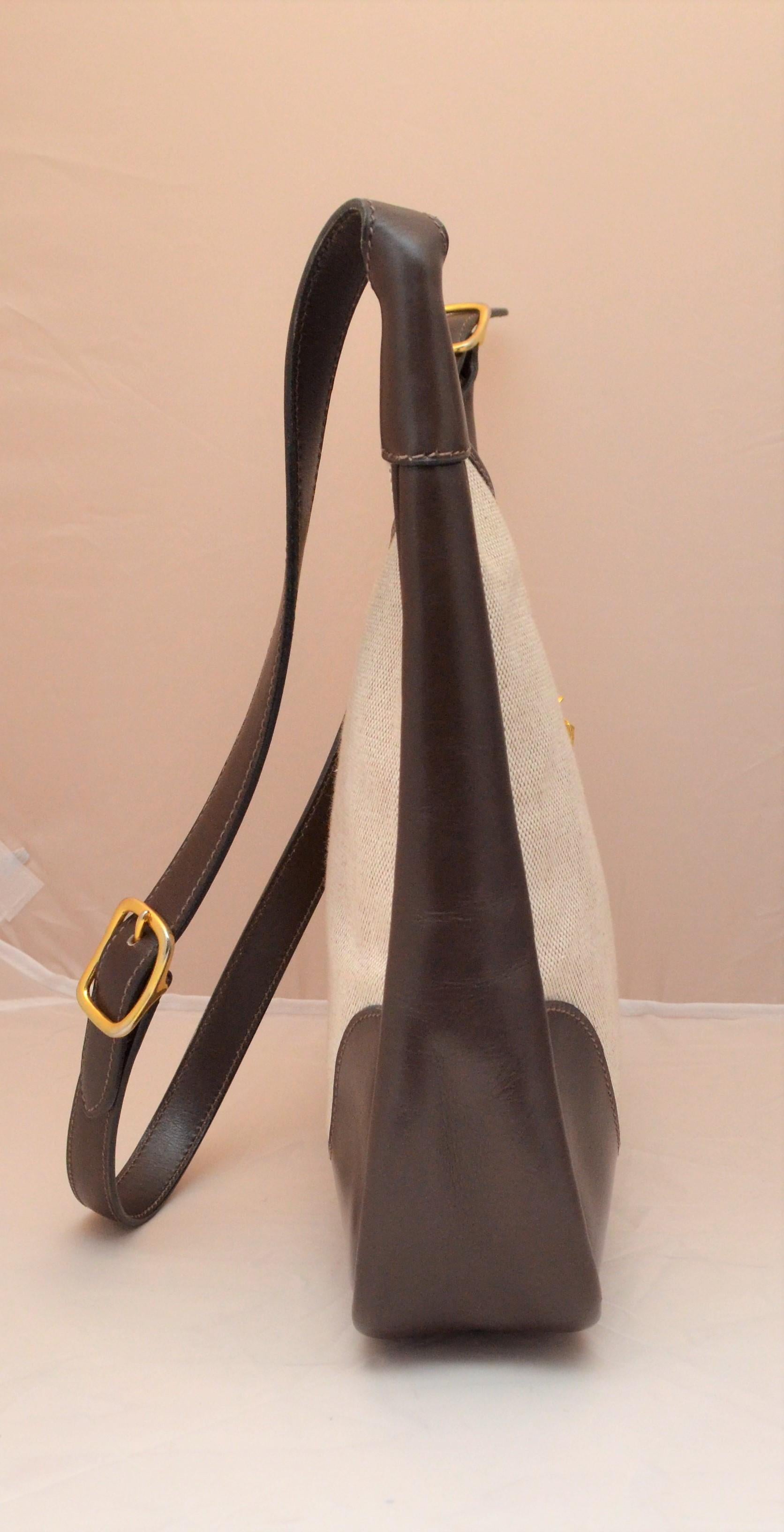Beige Vintage 1972 Hermes Canvas Trim Bag with Extended Shoulder Strap