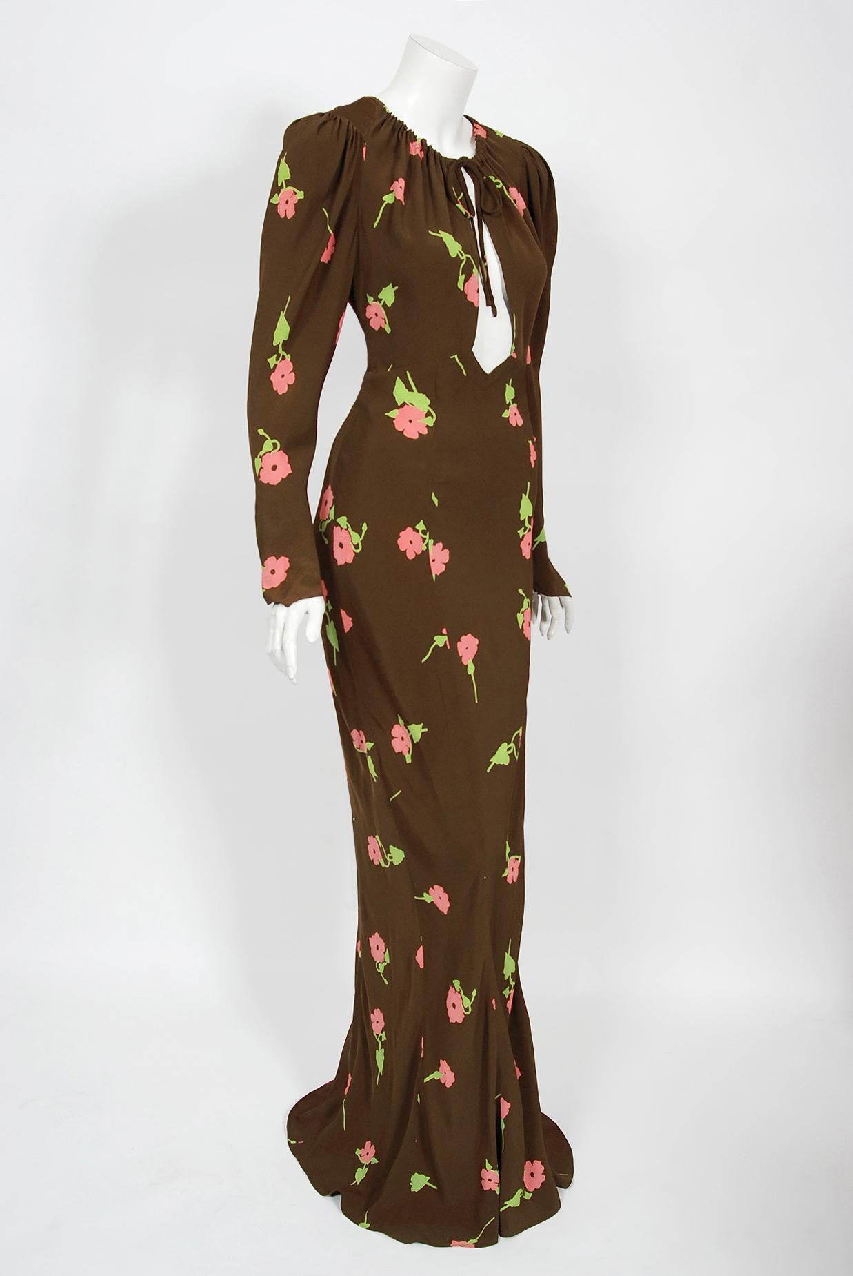 Brown Vintage 1972 Ossie Clark 'Busy Lizzie' Celia Birtwell Floral Print Bias-Cut Gown