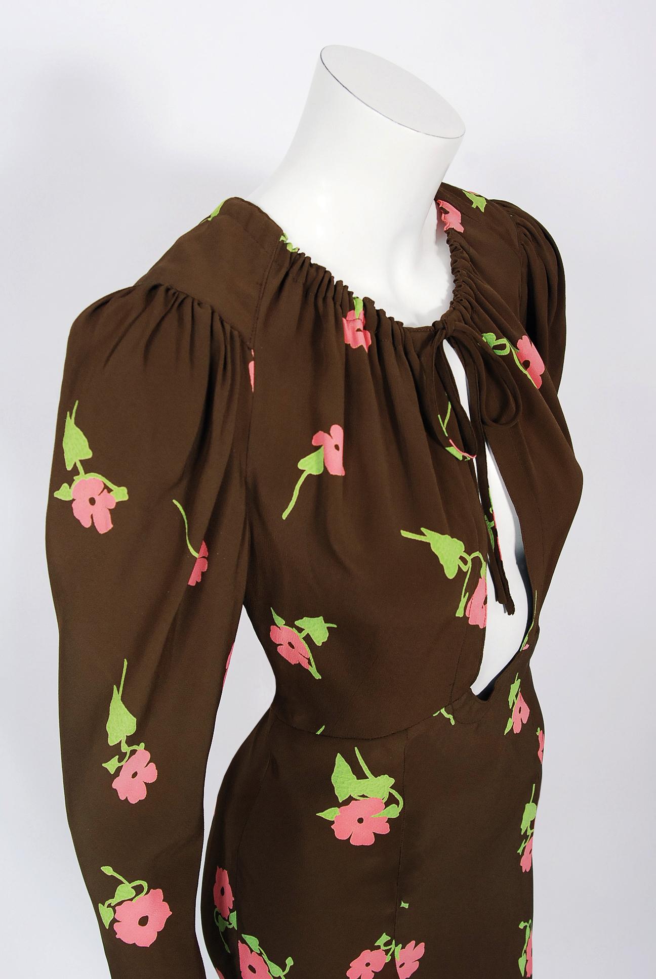 Vintage 1972 Ossie Clark 'Busy Lizzie' Celia Birtwell Floral Print Bias-Cut Gown In Good Condition In Beverly Hills, CA