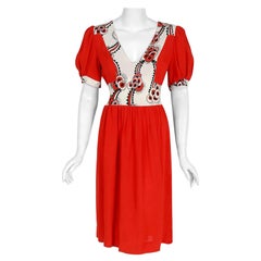 Vintage 1972 Ossie Clark Red Crepe Celia Birtwell Floral Print Puff-Sleeve Dress