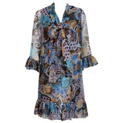 Vintage 1972 Pierre Balmain Haute-Couture Floral Silk Scarf-Neck Dress & Jacket