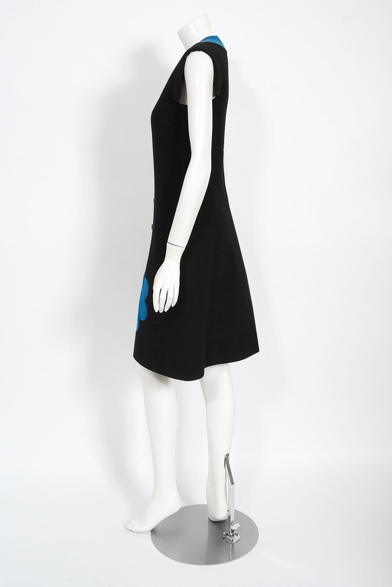 Women's Vintage 1972 Pierre Cardin Documented Black & Blue Block-Color Wool Mod Dress  