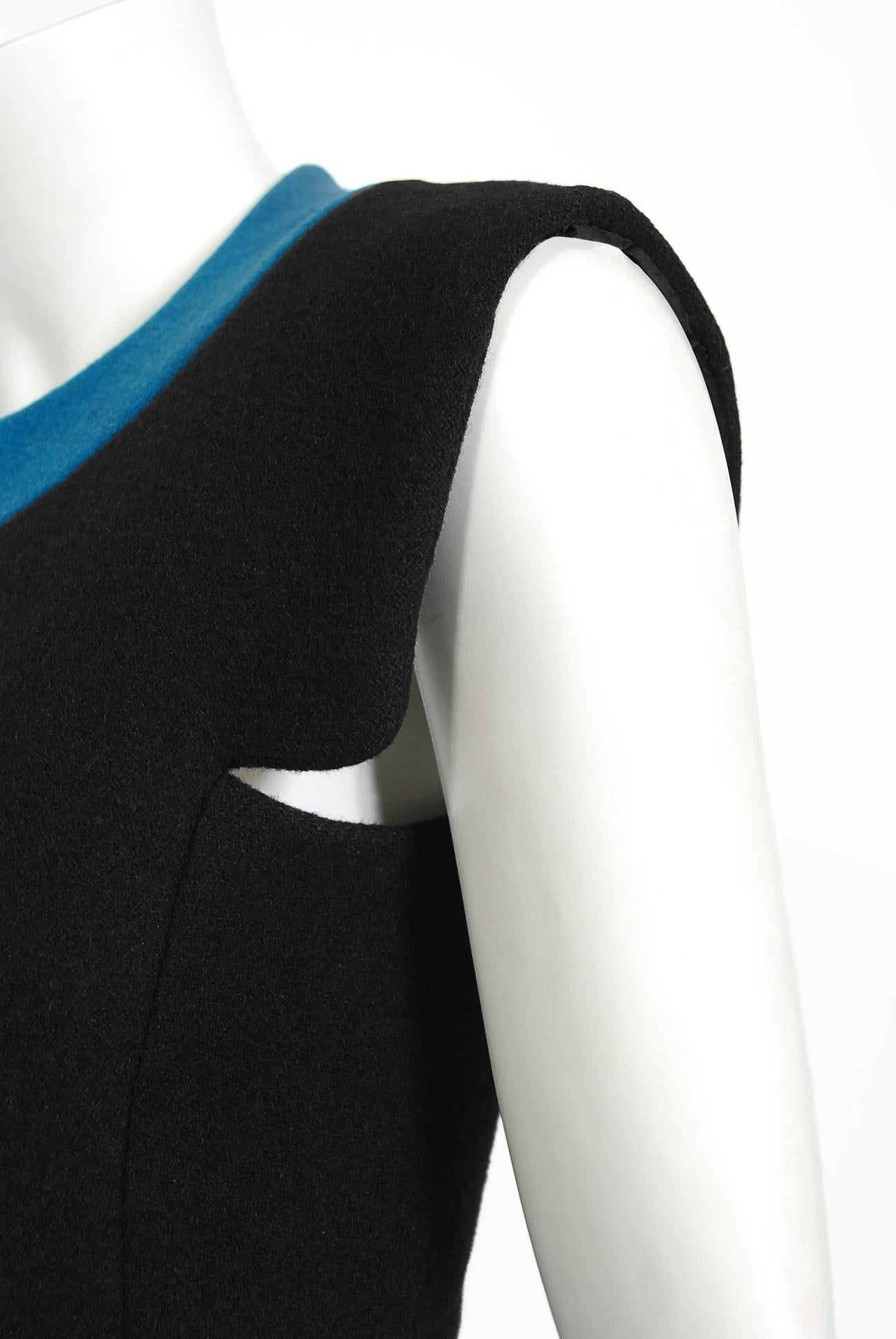 Vintage 1972 Pierre Cardin Documented Black & Blue Block-Color Wool Mod Dress   1