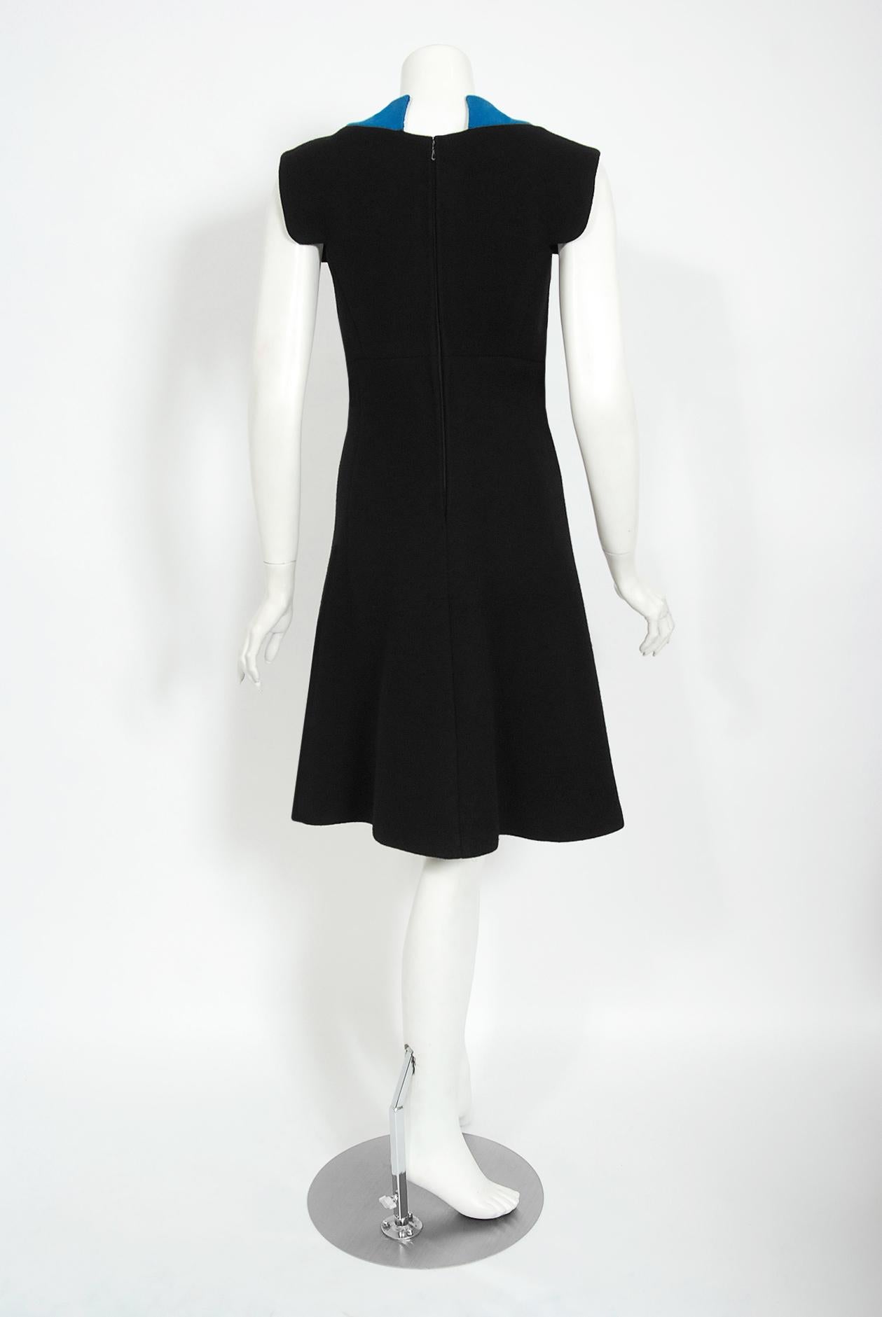 Vintage 1972 Pierre Cardin Documented Black & Blue Block-Color Wool Mod Dress   2