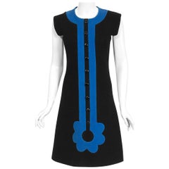 Vintage 1972 Pierre Cardin Documented Black & Blue Block-Color Wool Mod Dress  