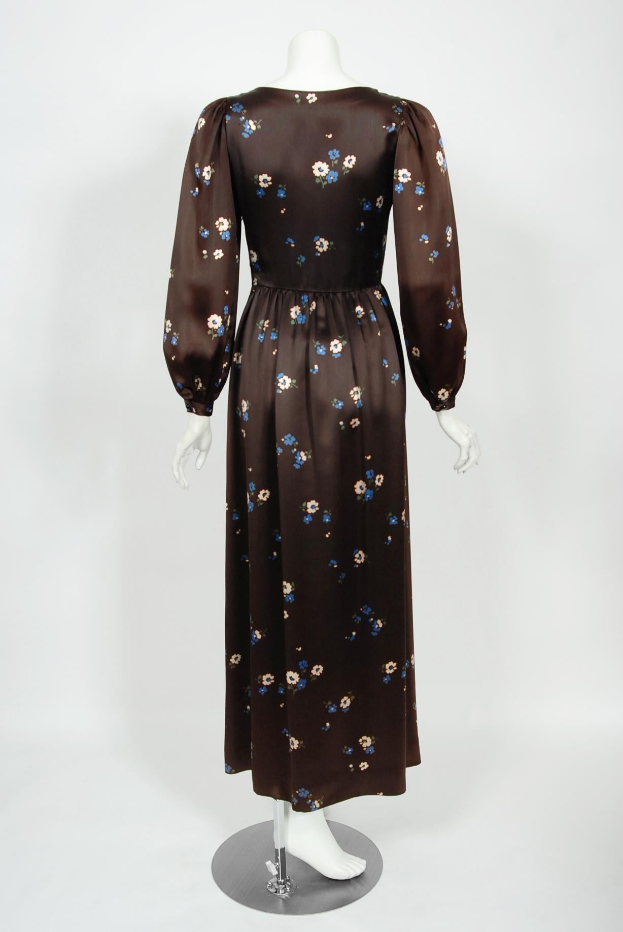 Vintage 1974 Yves Saint Laurent Documented Brown Floral Print Satin Maxi Dress  For Sale 6