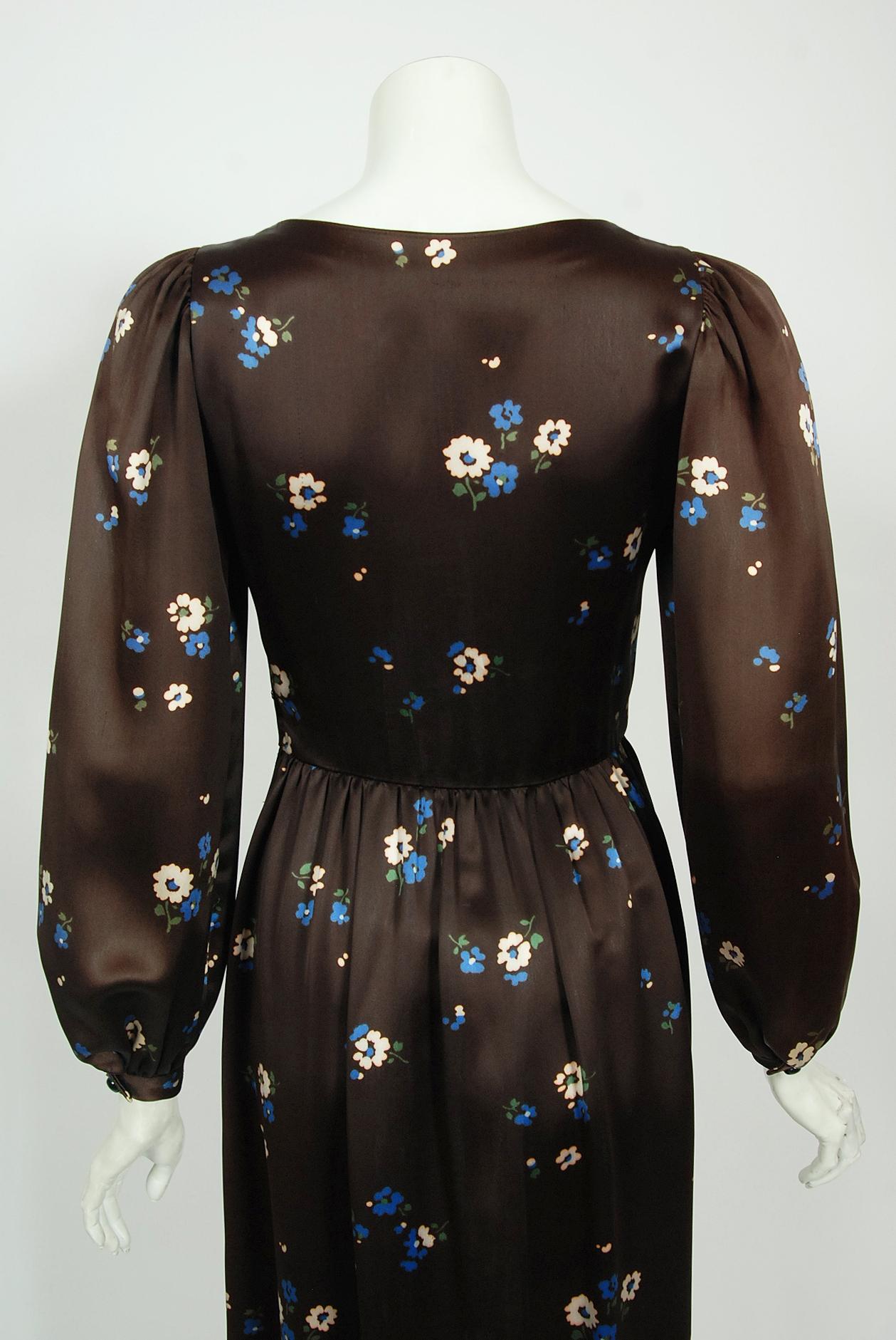 Vintage 1974 Yves Saint Laurent Documented Brown Floral Print Satin Maxi Dress  For Sale 7