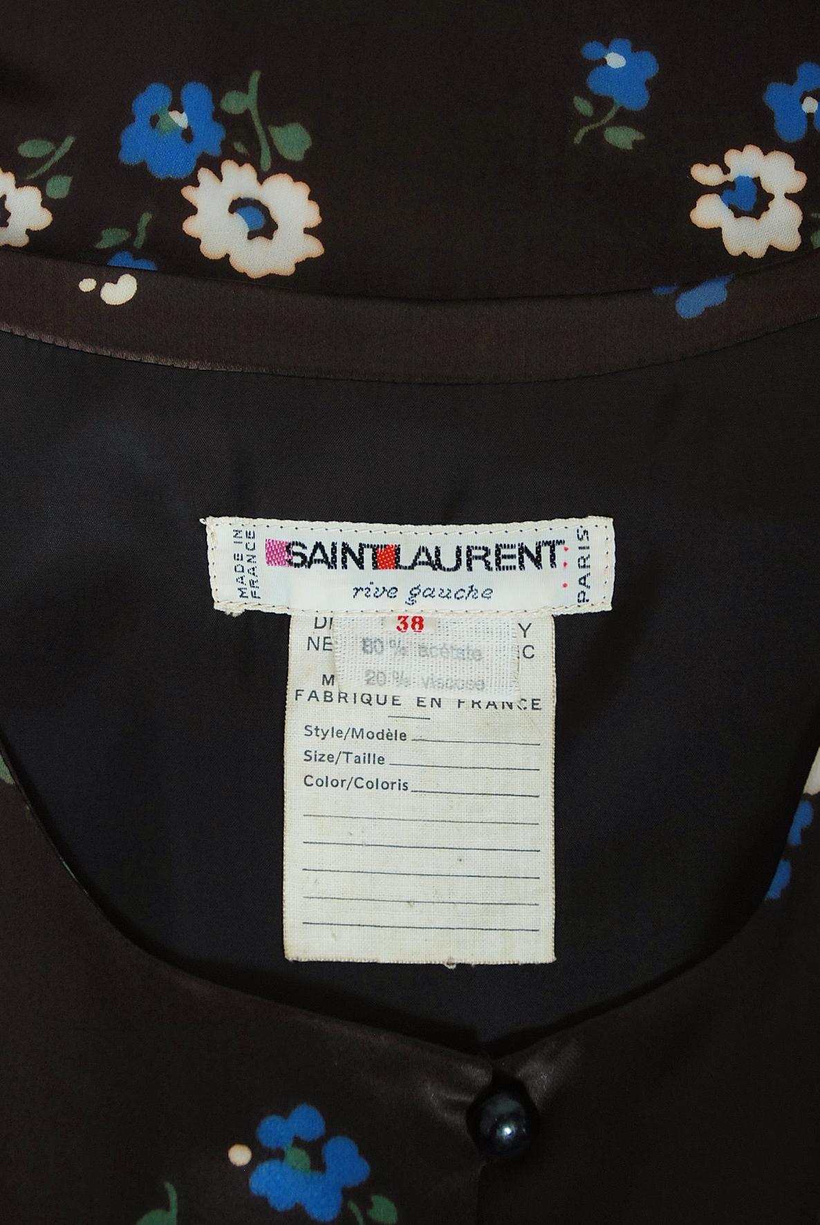 Archival 1974 Yves Saint Laurent Documented Brown Floral Print Satin Maxi Dress For Sale 8