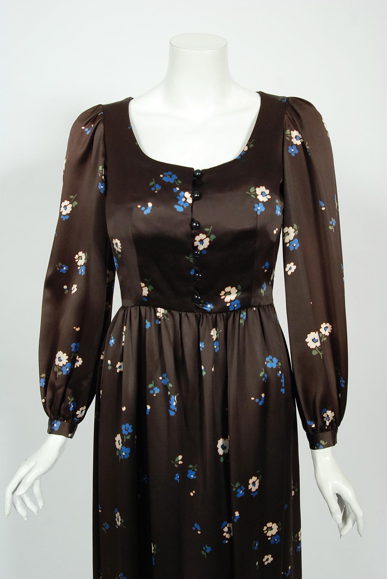 Black Vintage 1974 Yves Saint Laurent Documented Brown Floral Print Satin Maxi Dress  For Sale