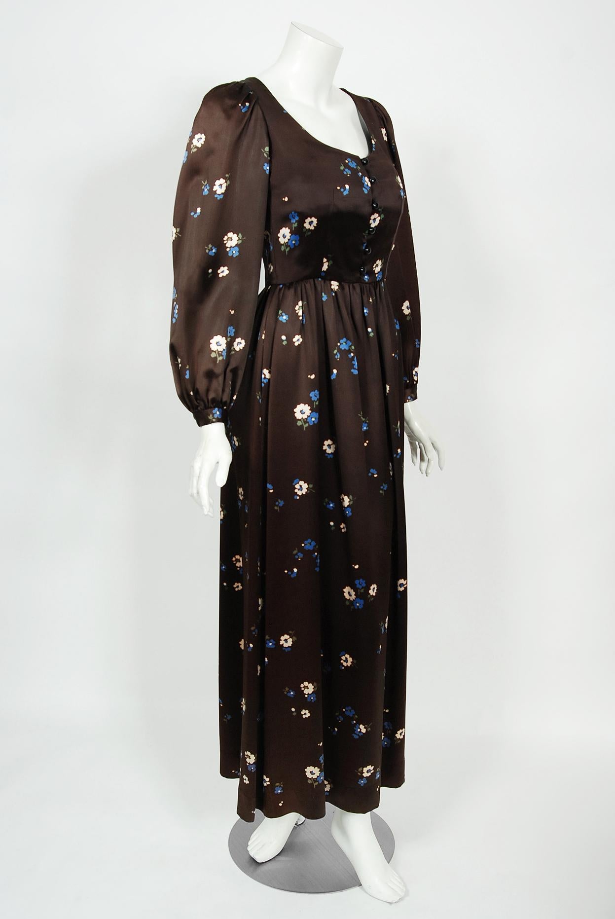 Vintage 1974 Yves Saint Laurent Documented Brown Floral Print Satin Maxi Dress  In Good Condition For Sale In Beverly Hills, CA