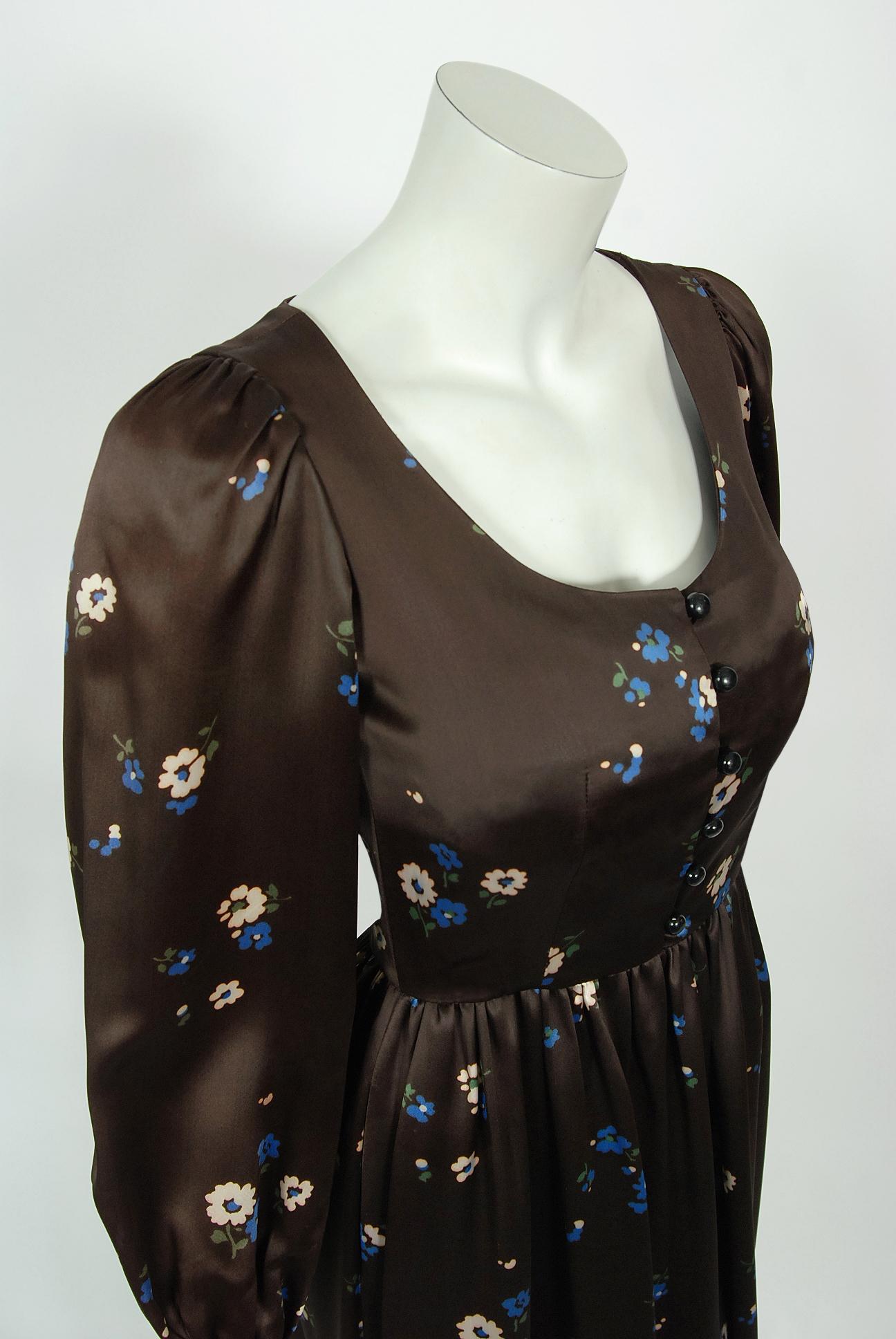 Women's Vintage 1974 Yves Saint Laurent Documented Brown Floral Print Satin Maxi Dress  For Sale