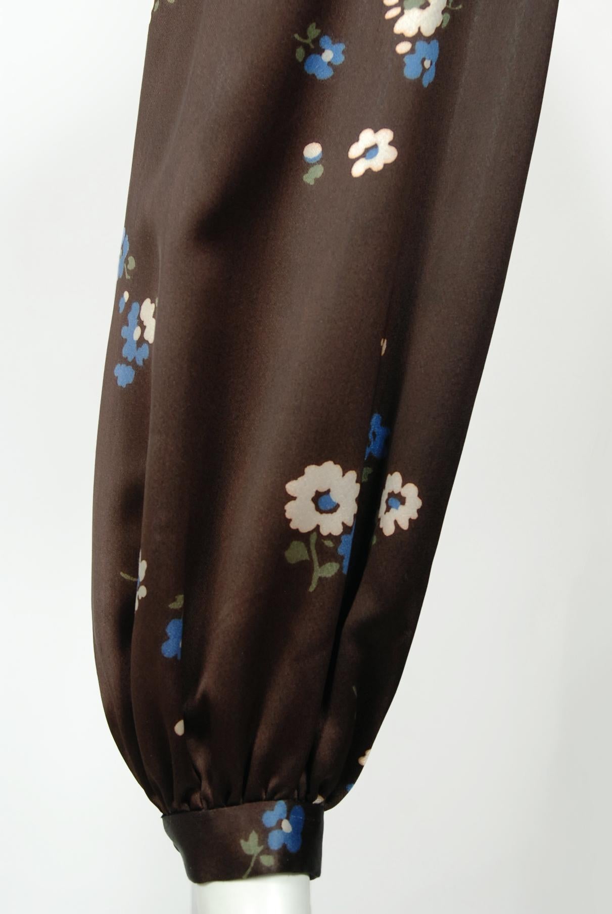 Vintage 1974 Yves Saint Laurent Documented Brown Floral Print Satin Maxi Dress  For Sale 1