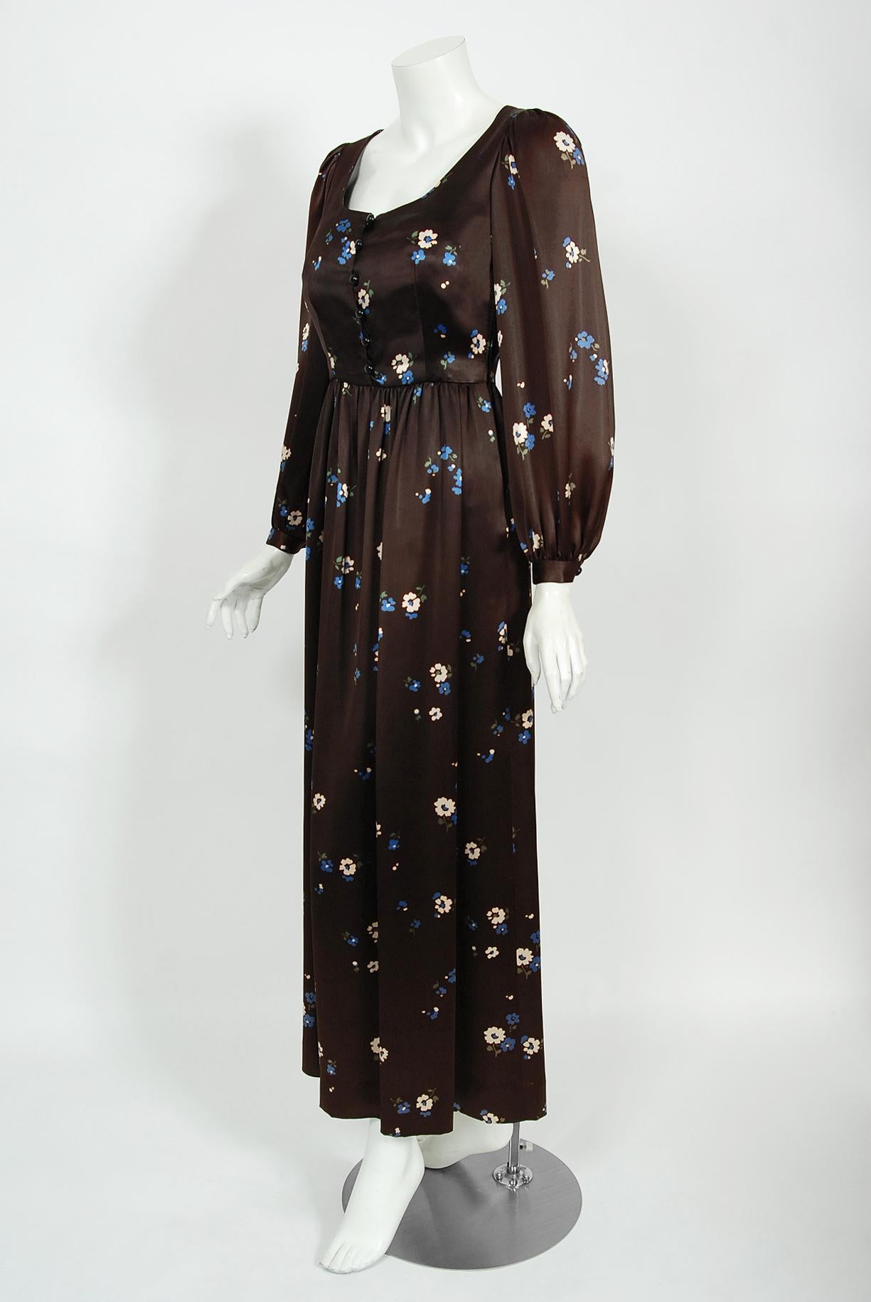 Vintage 1974 Yves Saint Laurent Documented Brown Floral Print Satin Maxi Dress  For Sale 2