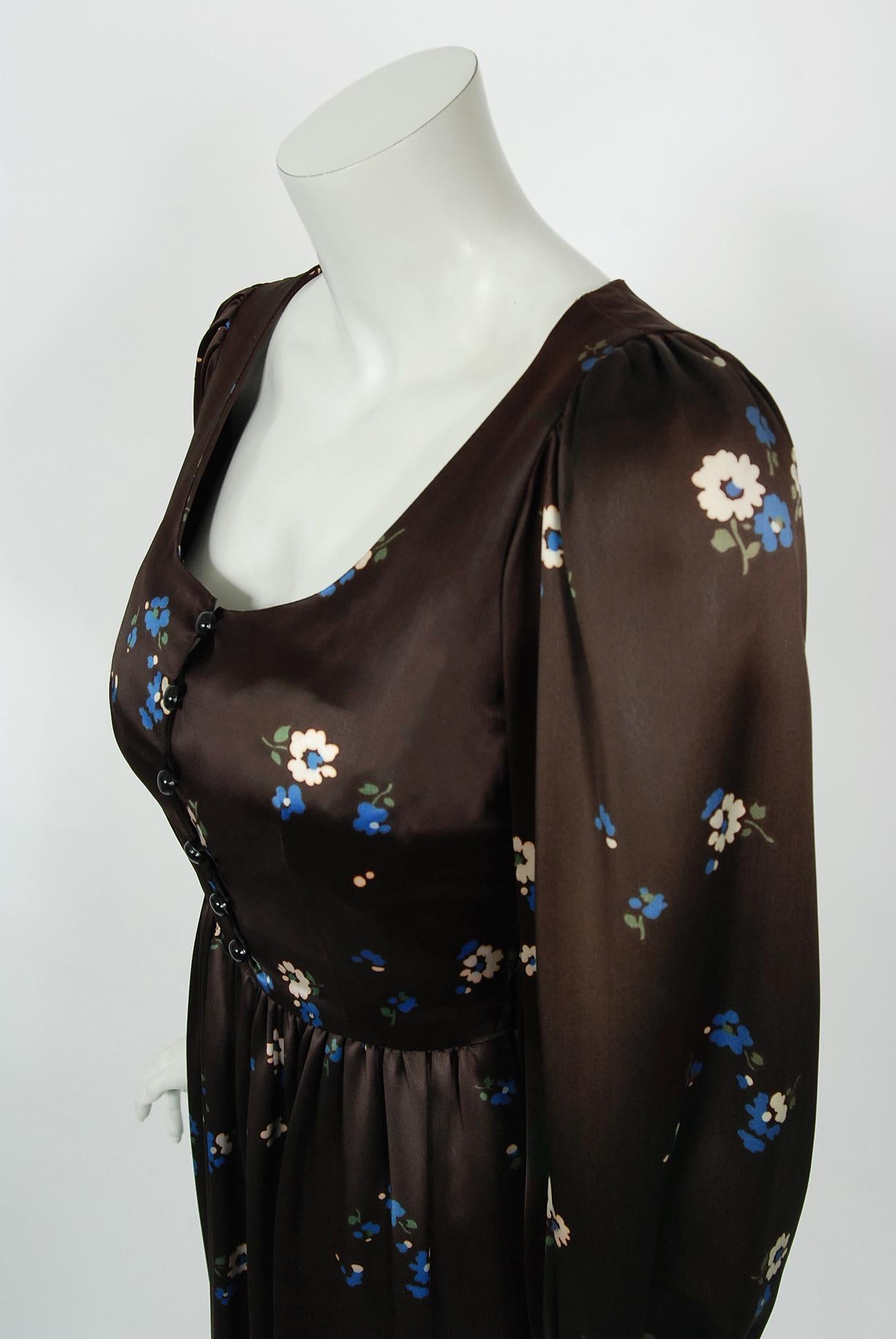 Vintage 1974 Yves Saint Laurent Documented Brown Floral Print Satin Maxi Dress  For Sale 3