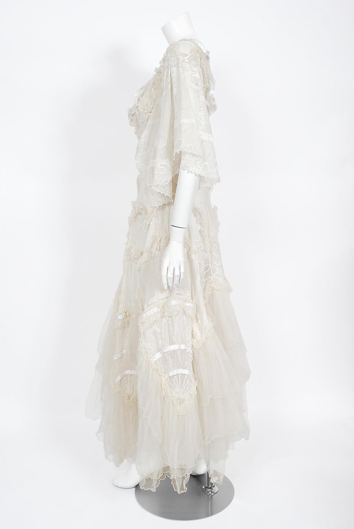 Vintage 1973 Zandra Rhodes Couture Hand Painted Ivory Sheer Chiffon & Tulle Gown 8