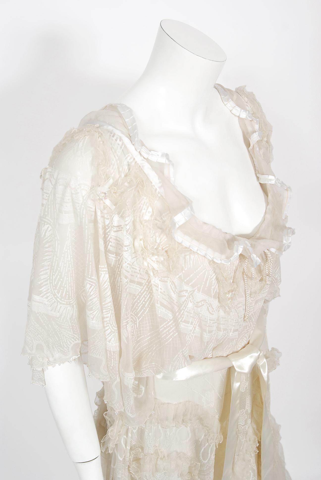 Vintage 1973 Zandra Rhodes Couture Hand Painted Ivory Sheer Chiffon & Tulle Gown 9
