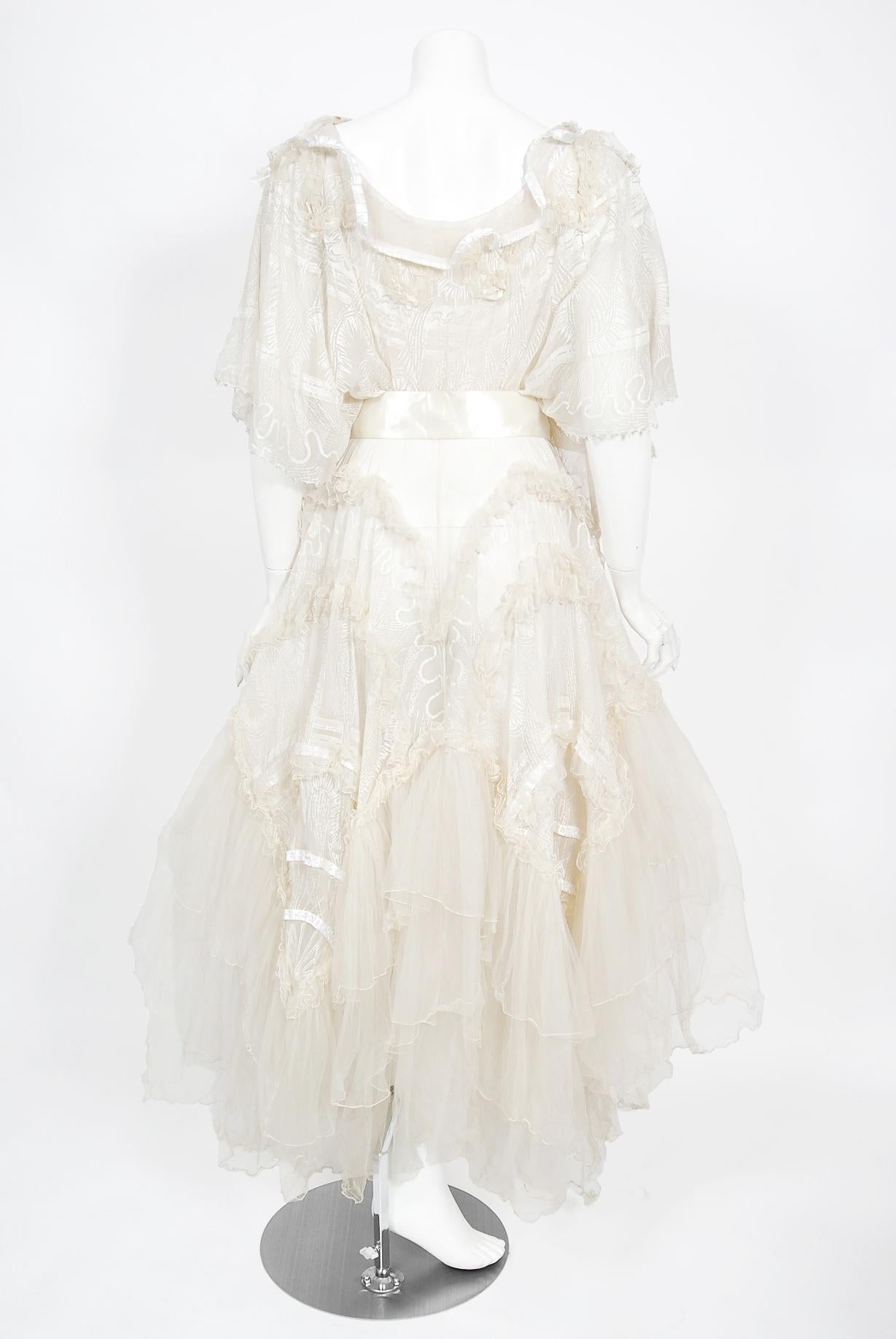 Vintage 1973 Zandra Rhodes Couture Hand Painted Ivory Sheer Chiffon & Tulle Gown 10