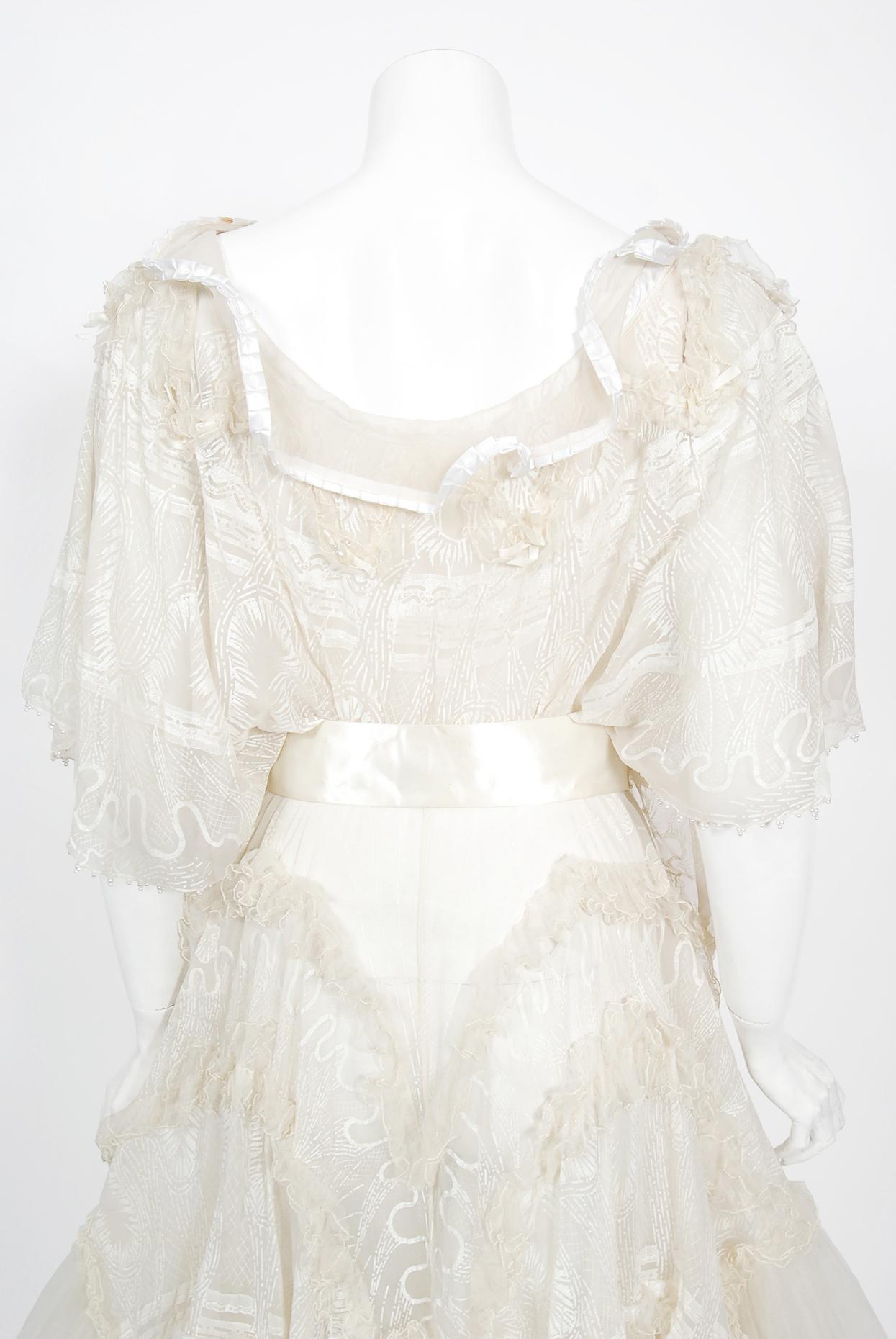 Vintage 1973 Zandra Rhodes Couture Hand Painted Ivory Sheer Chiffon & Tulle Gown 11