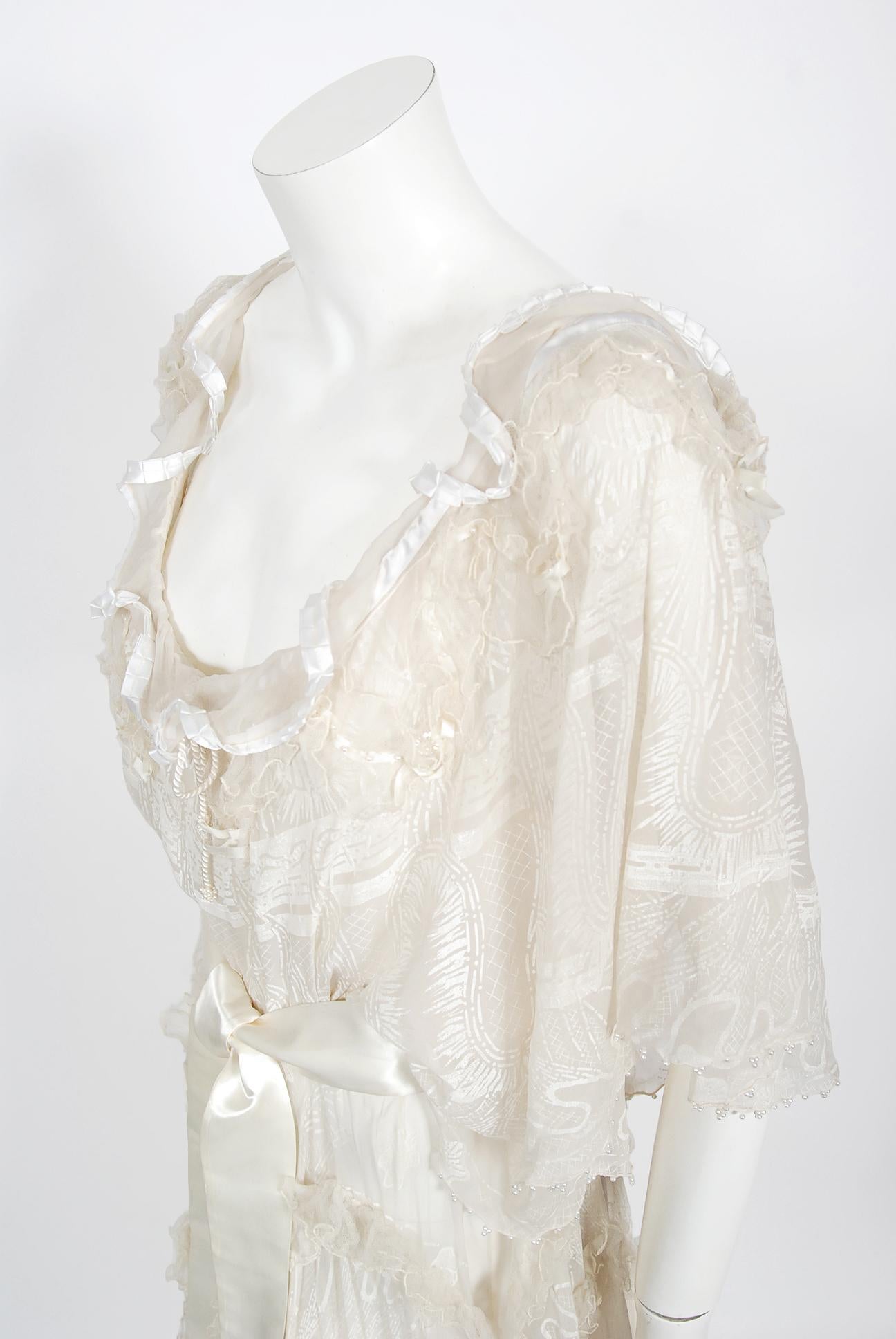 Vintage 1973 Zandra Rhodes Couture Hand Painted Ivory Sheer Chiffon & Tulle Gown 1