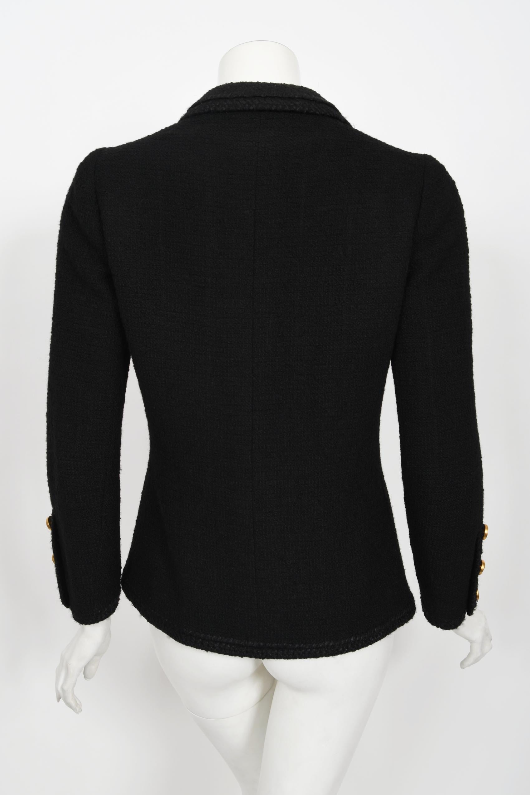 Vintage 1973 Chanel Haute Couture Black Boucle Wool Logo Buttons Jacket Suit  12