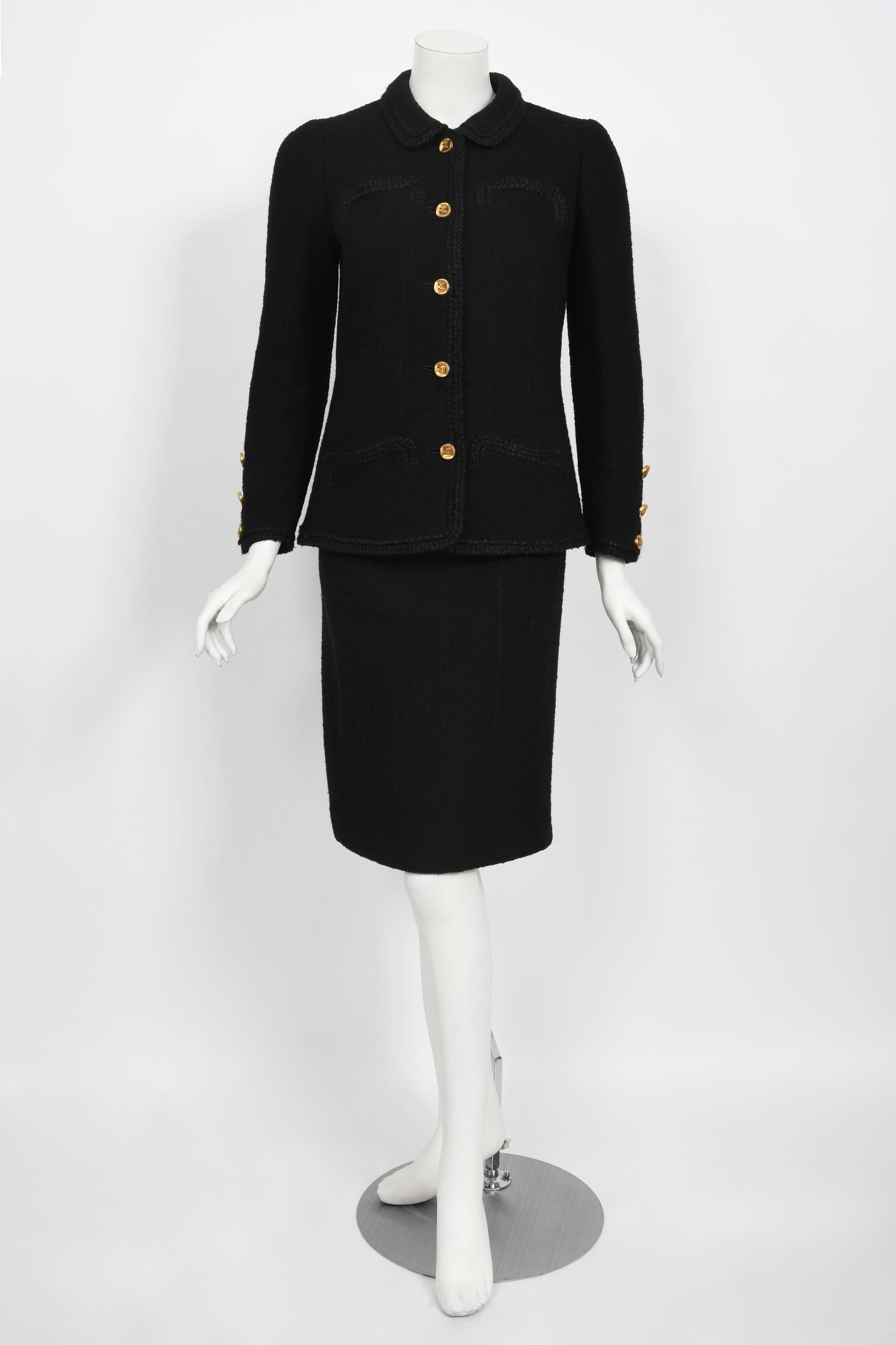 Chanel is known to be one of the most luxurious and decadent fashion houses in the world. This highly coveted and instantly recognizable haute couture custom commissioned Chanel boucle wool two piece suit from fall-winter 1973 is a perfect example