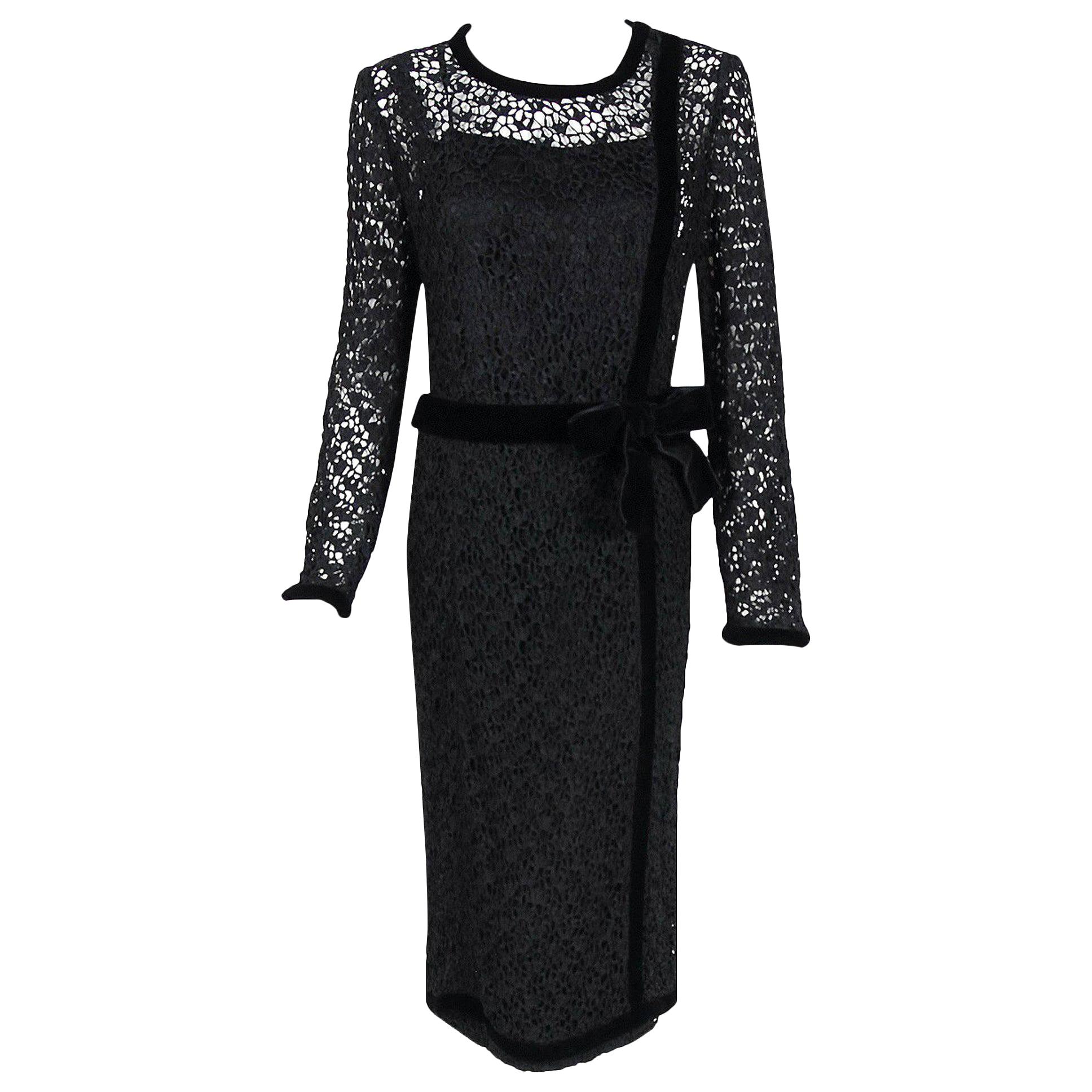 Vintage 1973 Chanel Haute Couture Guipure Knit Lace Velvet Black Cocktail Dress