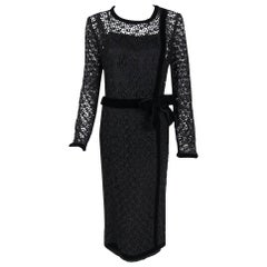 Vintage 1973 Chanel Haute Couture Guipure Knit Lace and Silk Velvet Black Dress