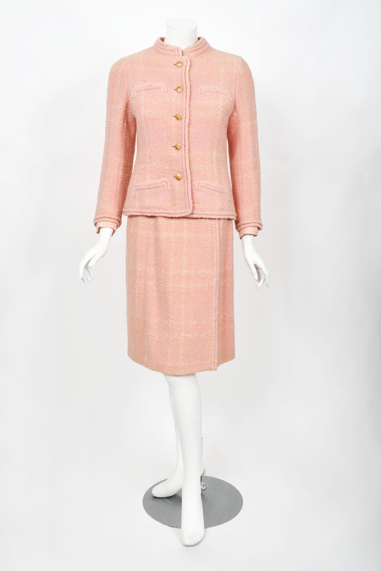 Vintage 1973 Chanel Haute Couture Documented Pink Wool Jacket Blouse Skirt Suit For Sale 6