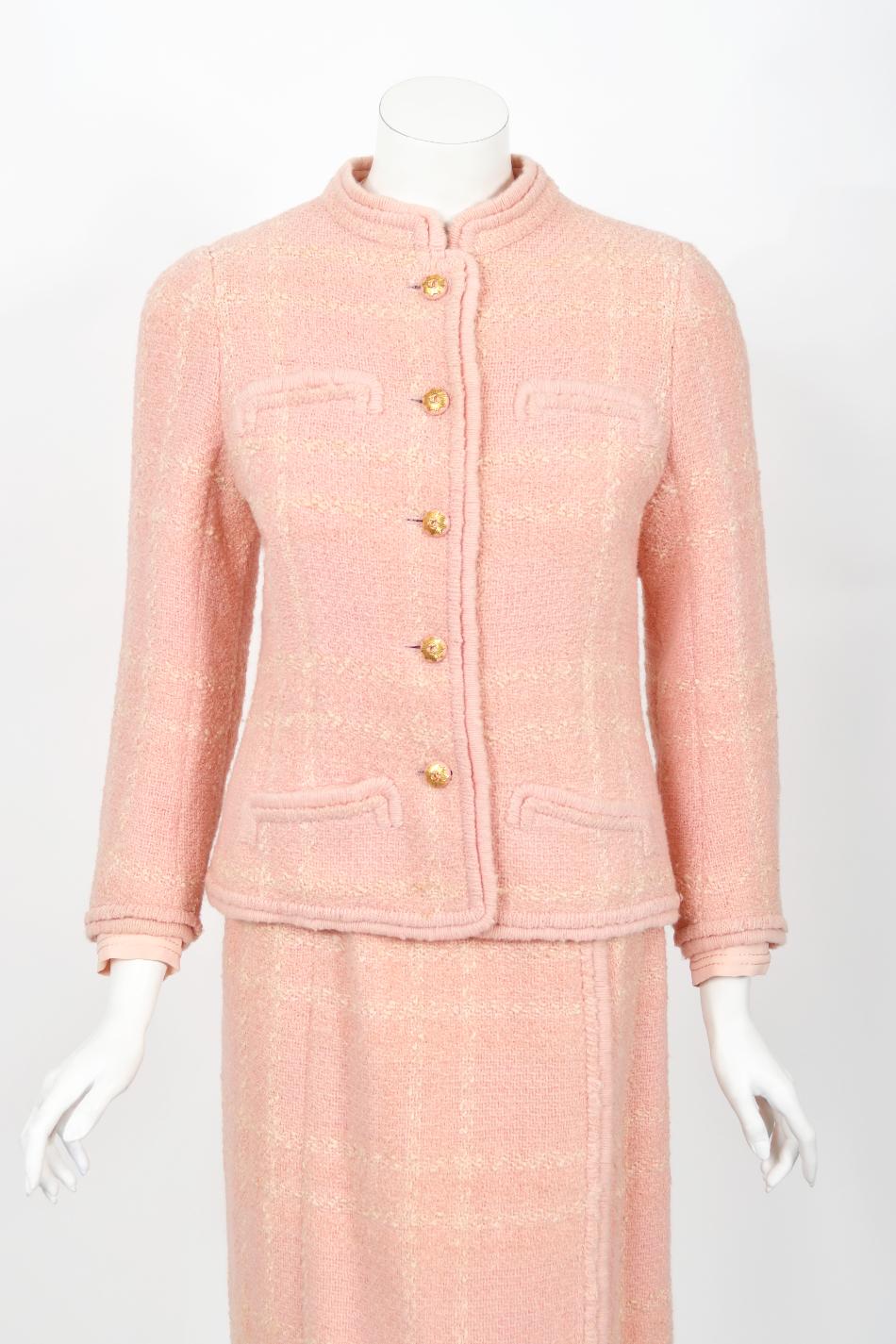 Vintage 1973 Chanel Haute Couture Documented Pink Wool Jacket Blouse Skirt Suit For Sale 7