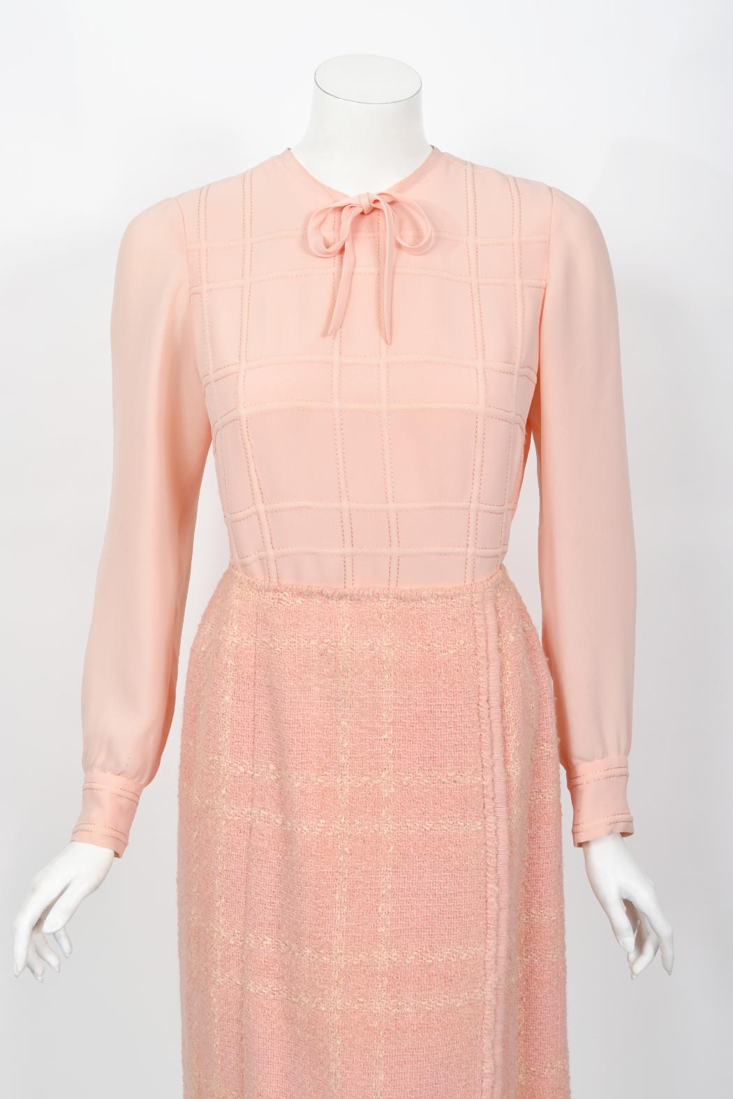 Vintage 1973 Chanel Haute Couture Documented Pink Wool Jacket Blouse Skirt Suit For Sale 11