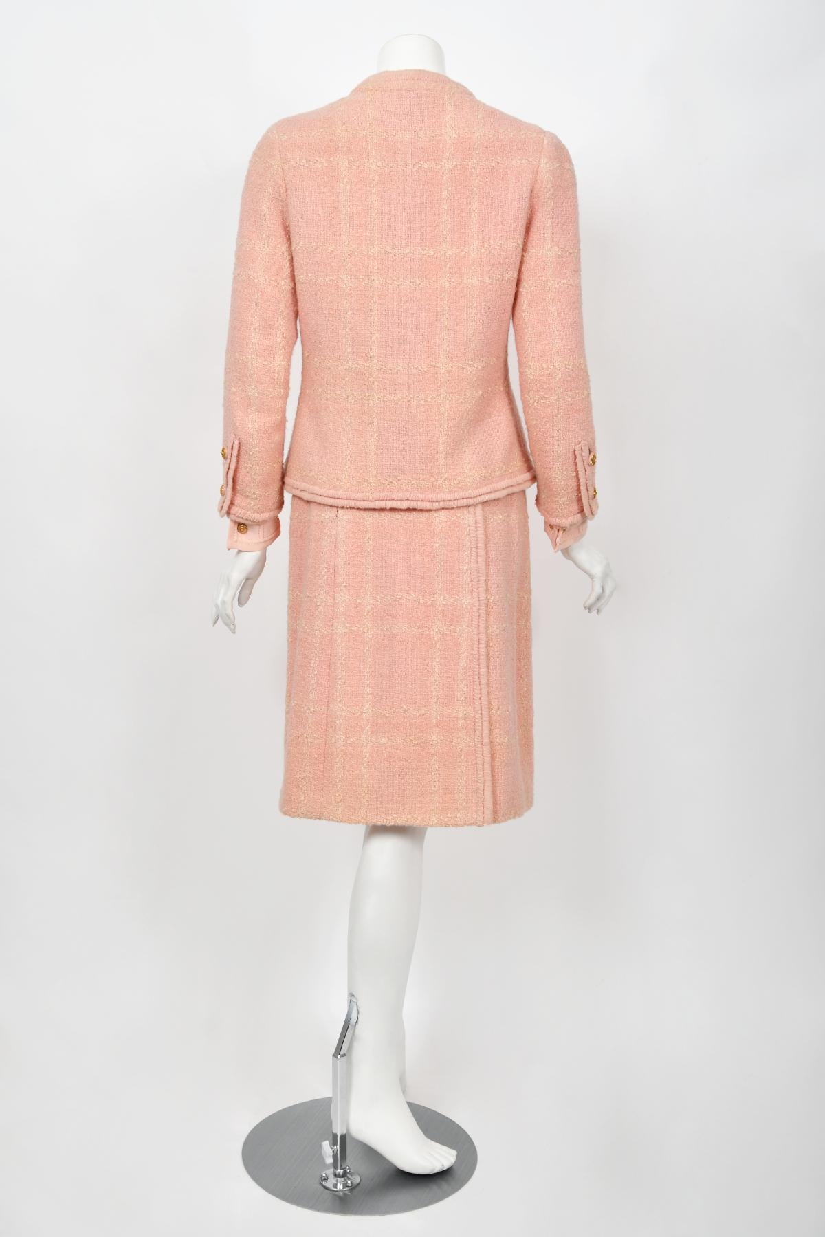 Vintage 1973 Chanel Haute Couture Documented Pink Wool Jacket Blouse Skirt Suit For Sale 12