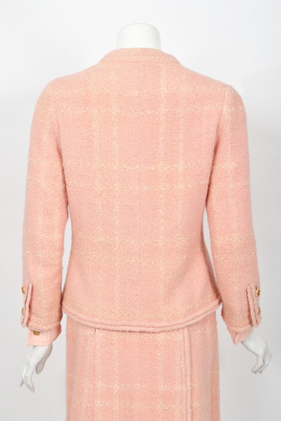 Vintage 1973 Chanel Haute Couture Documented Pink Wool Jacket Blouse Skirt Suit For Sale 13