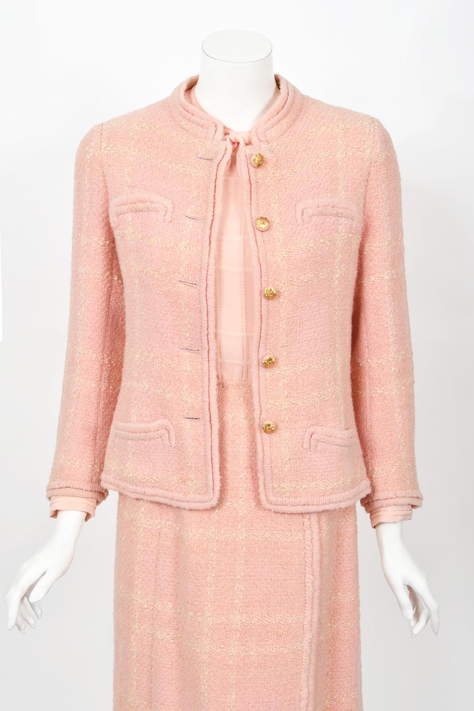 Vintage 1973 Chanel Haute Couture Documented Pink Wool Jacket Blouse Skirt Suit For Sale 1