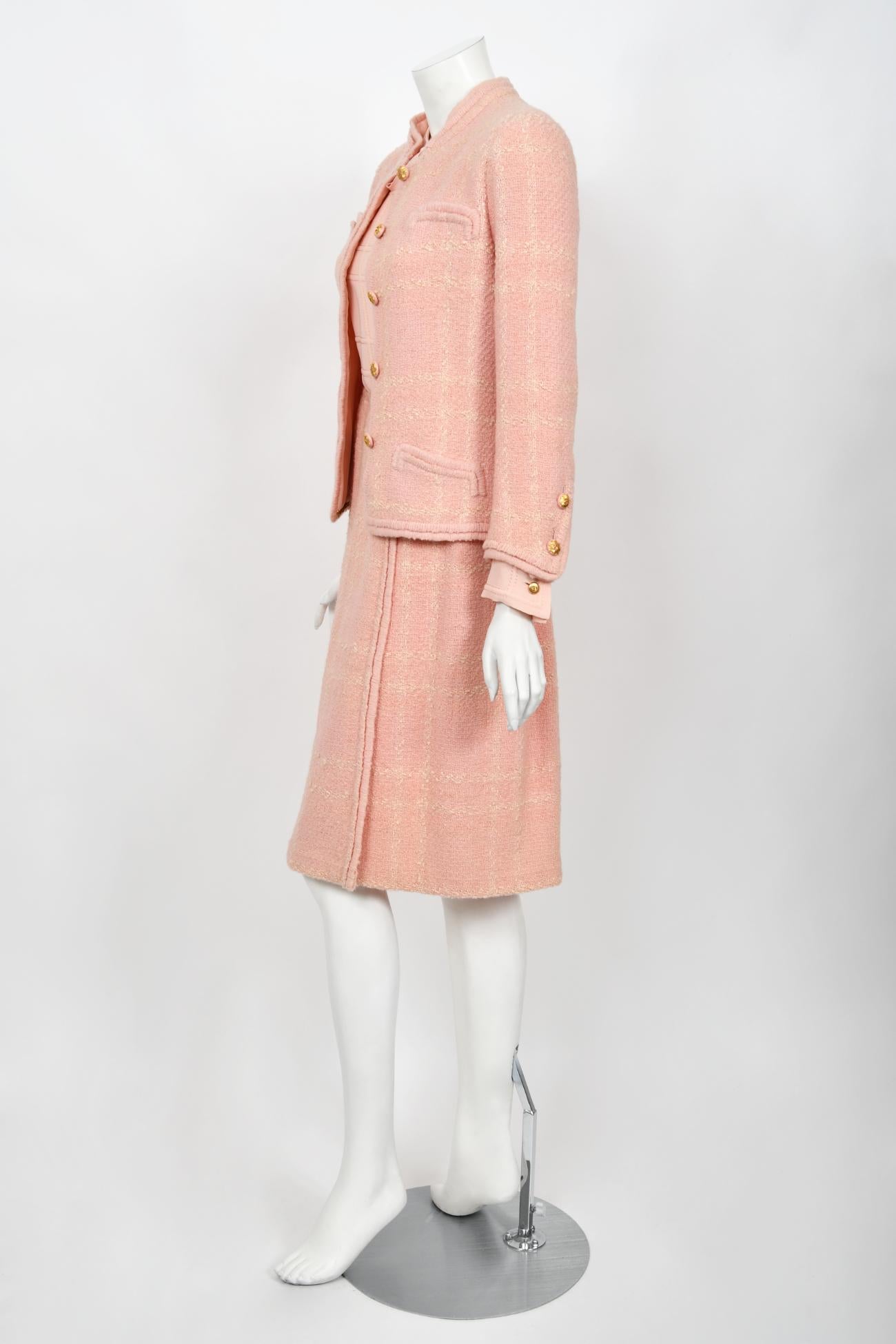 Vintage 1973 Chanel Haute Couture Documented Pink Wool Jacket Blouse Skirt Suit For Sale 2
