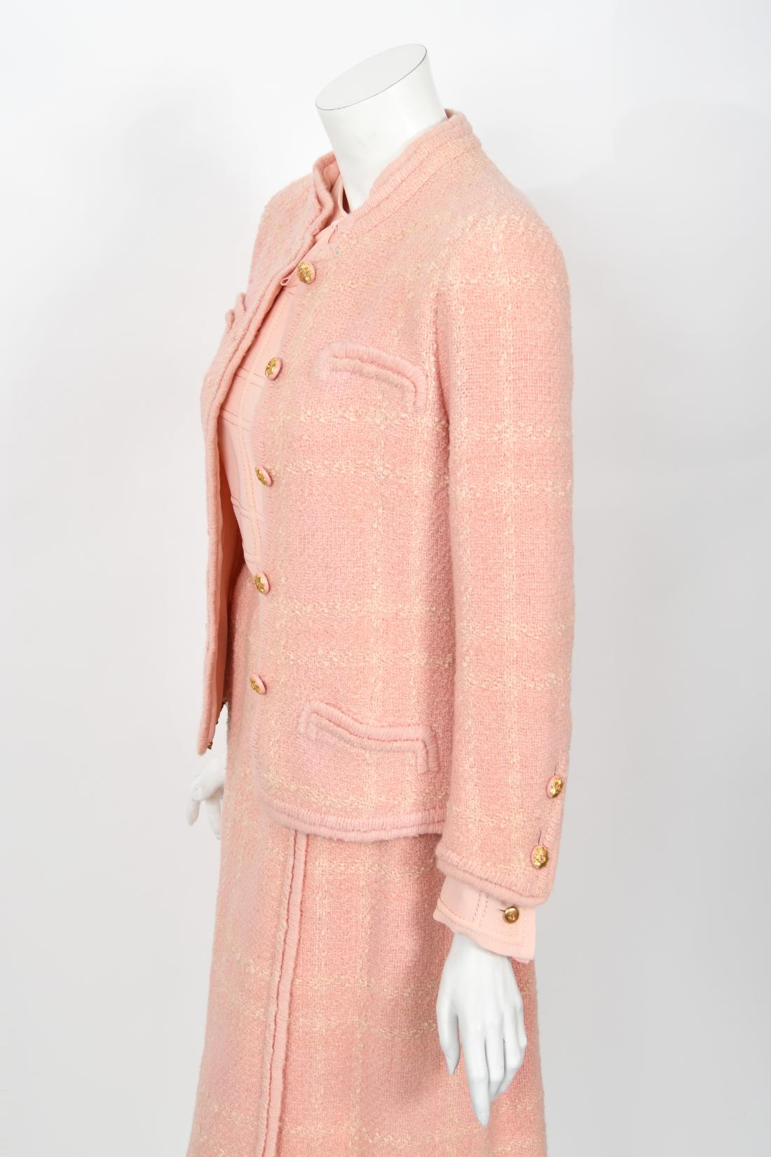 Vintage 1973 Chanel Haute Couture Documented Pink Wool Jacket Blouse Skirt Suit For Sale 3