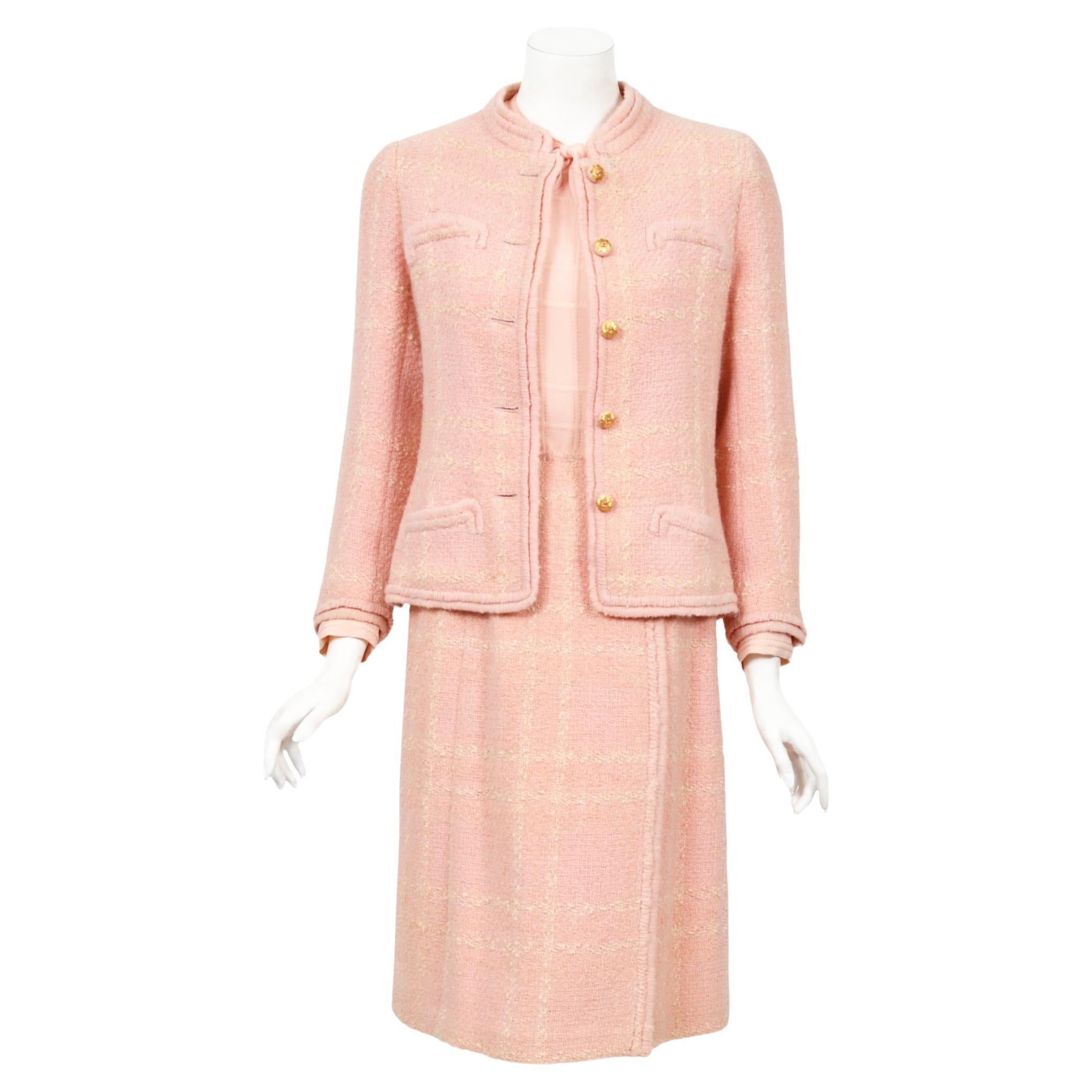 Vintage 1973 Chanel Haute Couture Documented Pink Wool Jacket Blouse Skirt Suit For Sale
