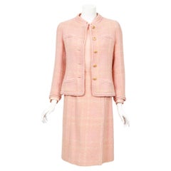 Antique 1973 Chanel Haute Couture Documented Pink Wool Jacket Blouse Skirt Suit