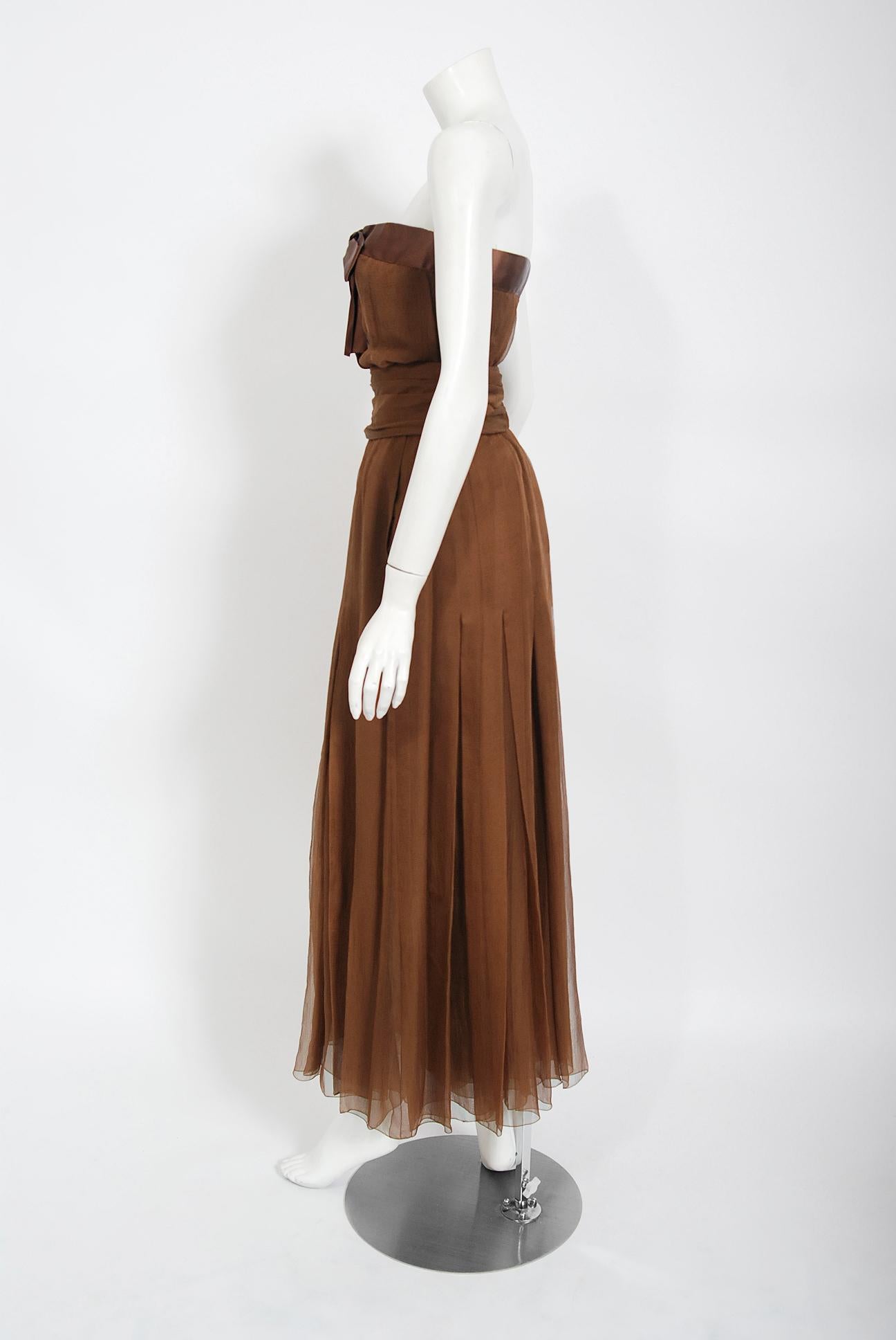 Vintage 1973 Christian Dior Haute Couture Brown Strapless Blouse & Palazzo Pants In Good Condition In Beverly Hills, CA