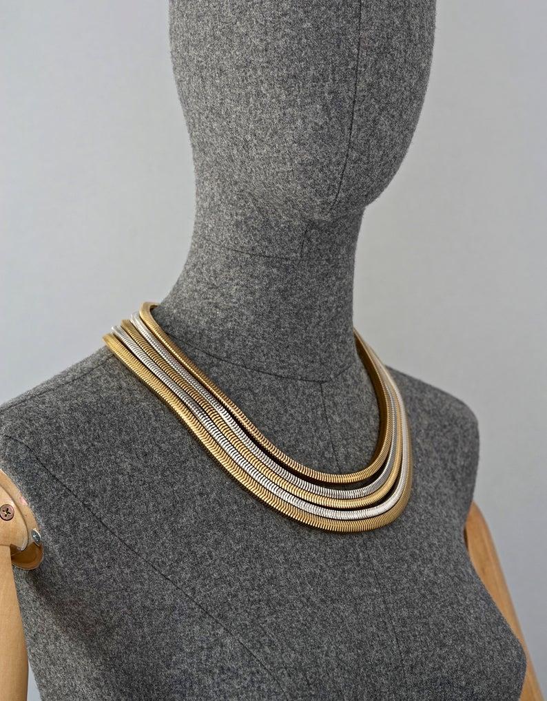 Vintage 1973 CHRISTIAN DIOR Multi Layered Two Tone Snake Chain Necklace 3